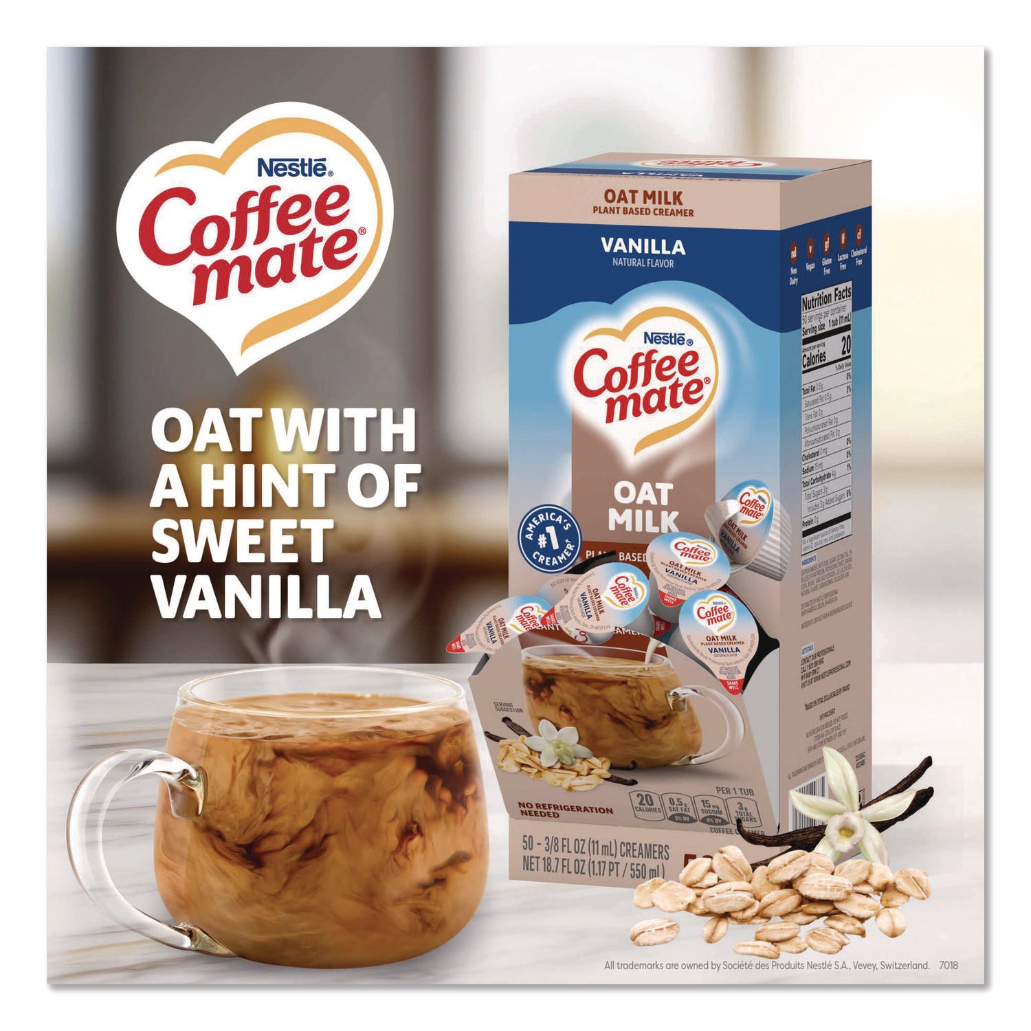 Coffee mate Oat Milk Vanilla Liquid Creamer Singles, Vanilla Flavor, 50/Box, 4 Boxes per Carton