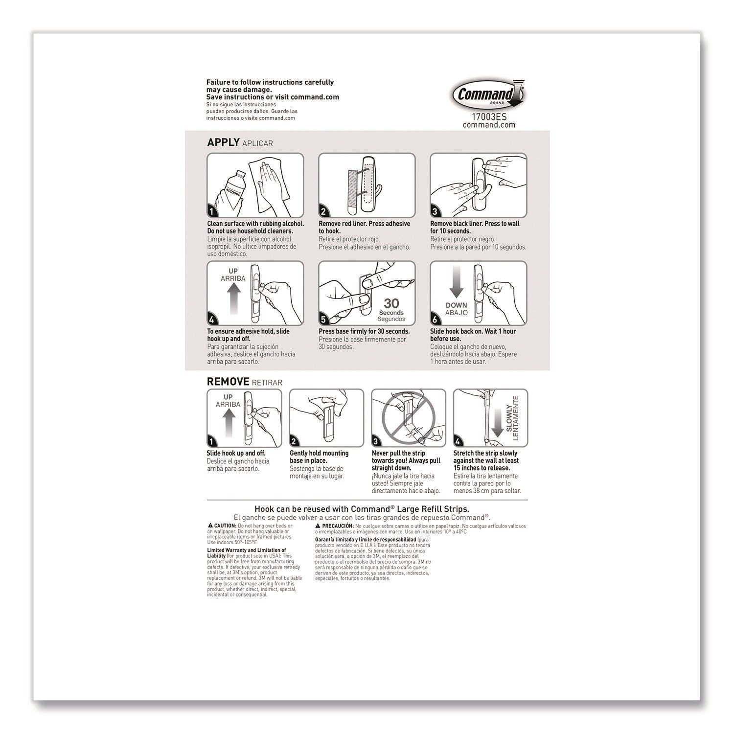 General Purpose Hooks, Large, Plastic, White, 5 lb Capacity, 12 Hooks and 18 Strips/Pack