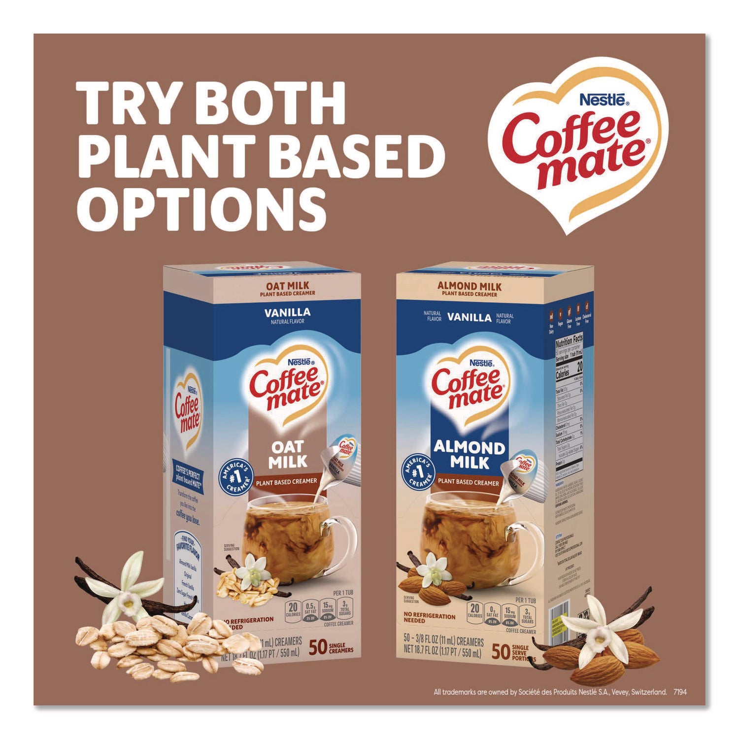 Coffee mate Oat Milk Vanilla Liquid Creamer Singles, Vanilla Flavor, 50/Box, 4 Boxes per Carton