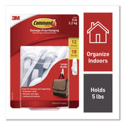 General Purpose Hooks, Large, Plastic, White, 5 lb Capacity, 12 Hooks and 18 Strips/Pack