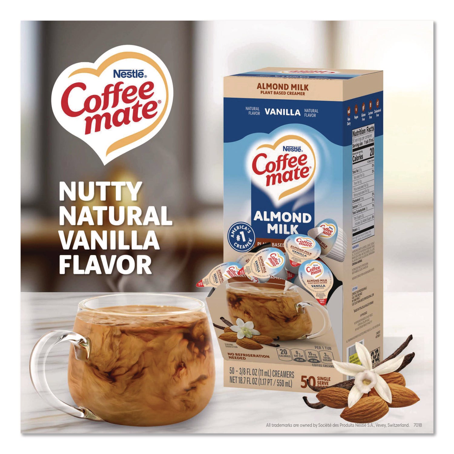 Plant-Based Almond Milk Non-Dairy Liquid Creamer Singles, Natural Vanilla, 0.38 oz Mini Cups, 50/Box