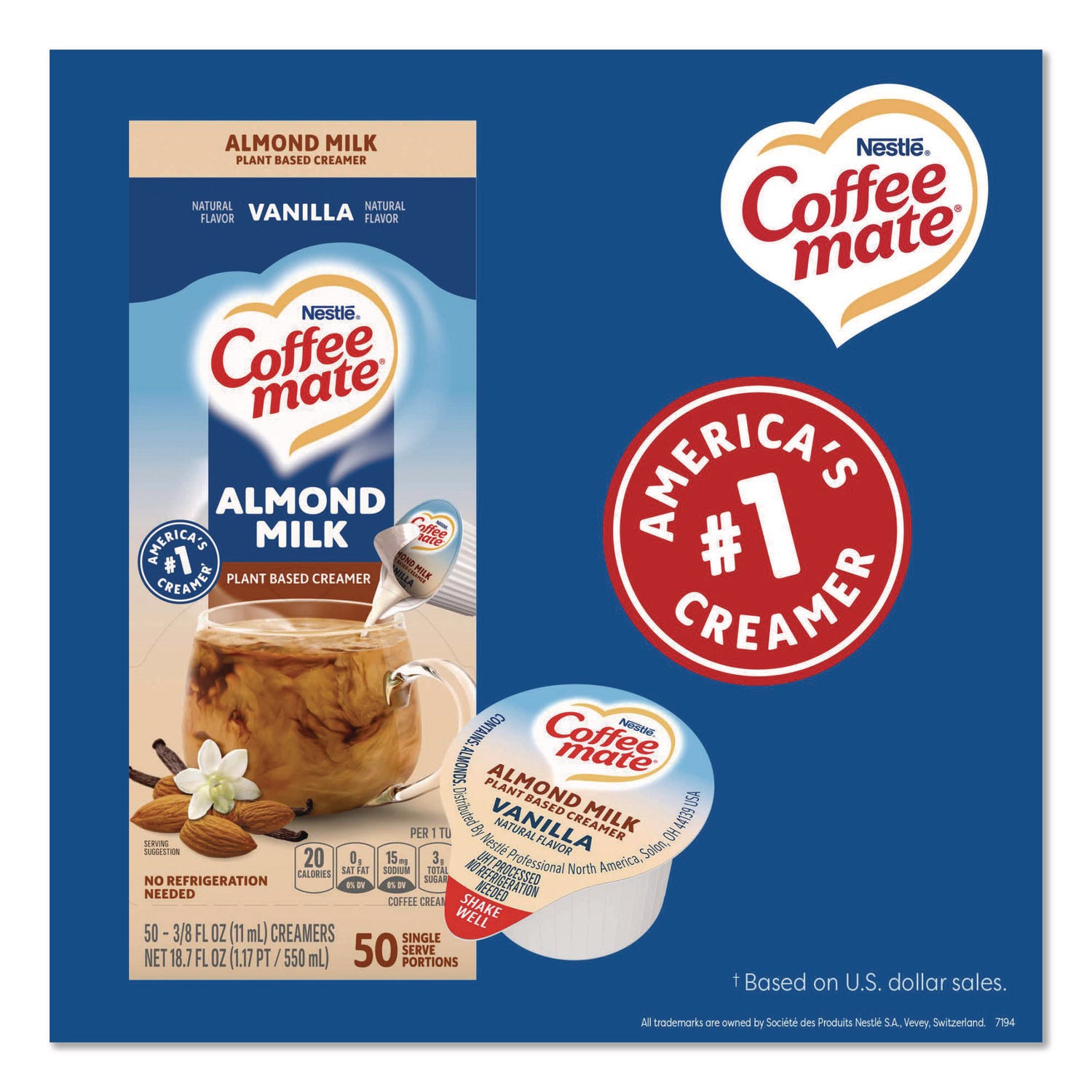 Plant-Based Almond Milk Non-Dairy Liquid Creamer Singles, Natural Vanilla, 0.38 oz Mini Cups, 50/Box