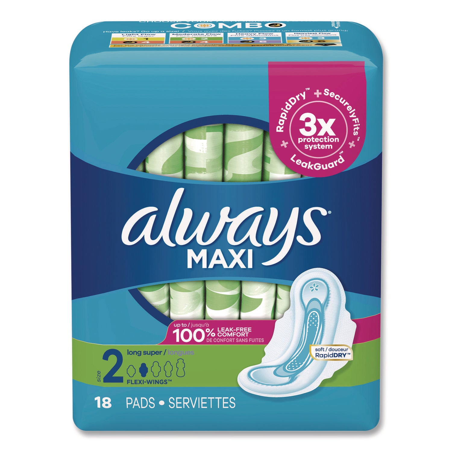 Maxi Long Super Daytime Pad with Wings, Size 2, Super Absorbency, 18/Pack, 8 Packs/Carton
