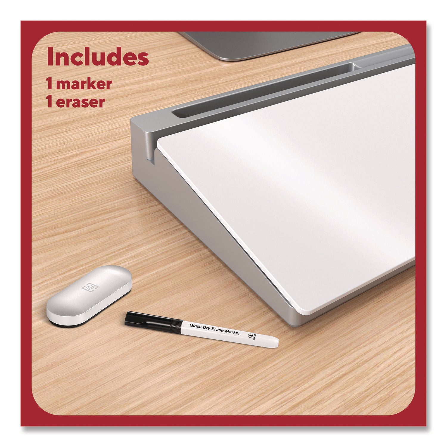 Glass Desktop Dry Erase Board, 18.1" x 5.9", White Surface, Aluminum Frame