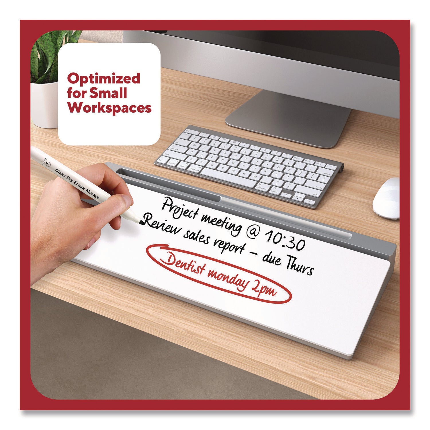 Glass Desktop Dry Erase Board, 18.1" x 5.9", White Surface, Aluminum Frame