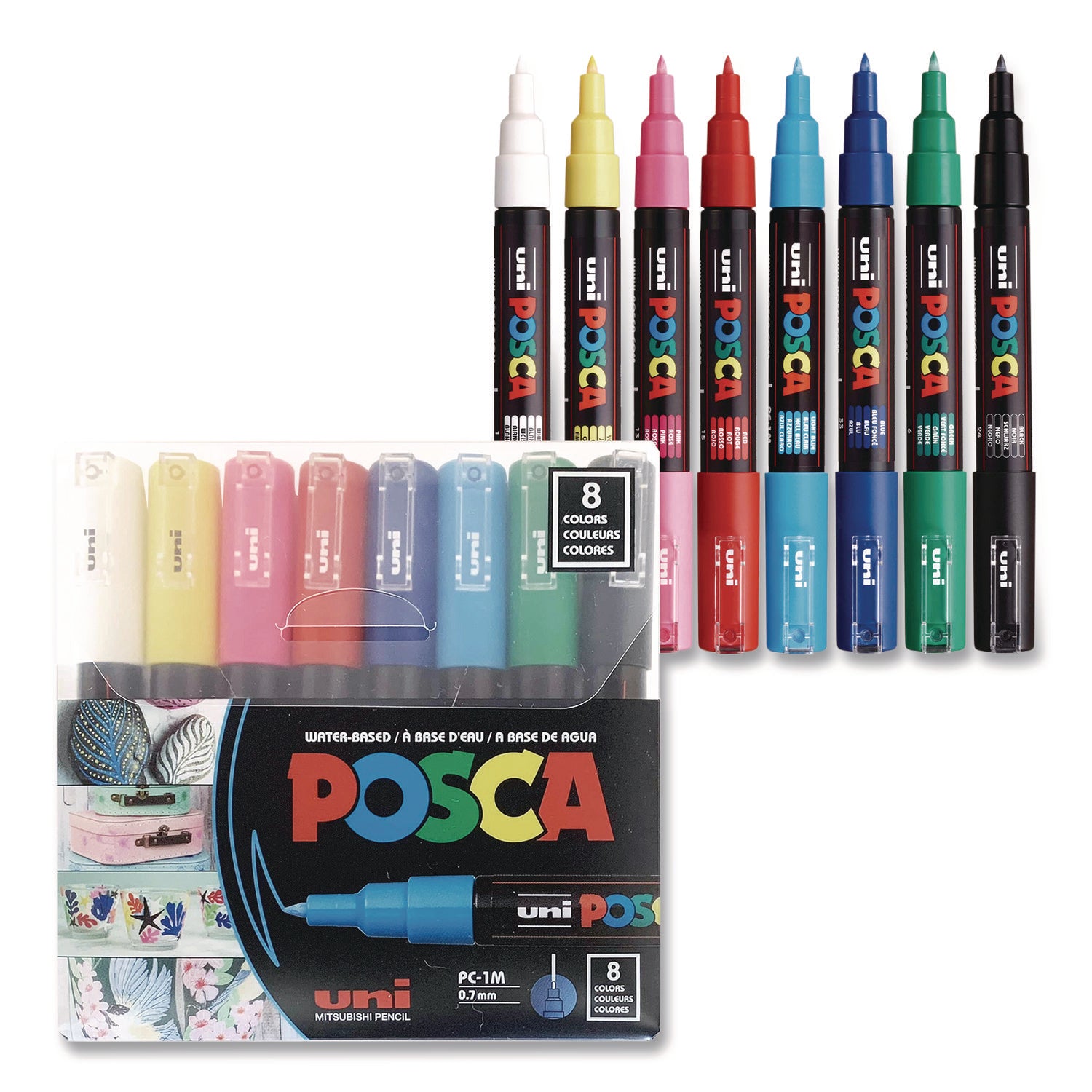 uni® POSCA PC-1M Water-Based Paint Markers, Extra Fine Tip (0.7mm), Assorted Colors, 8 Pack