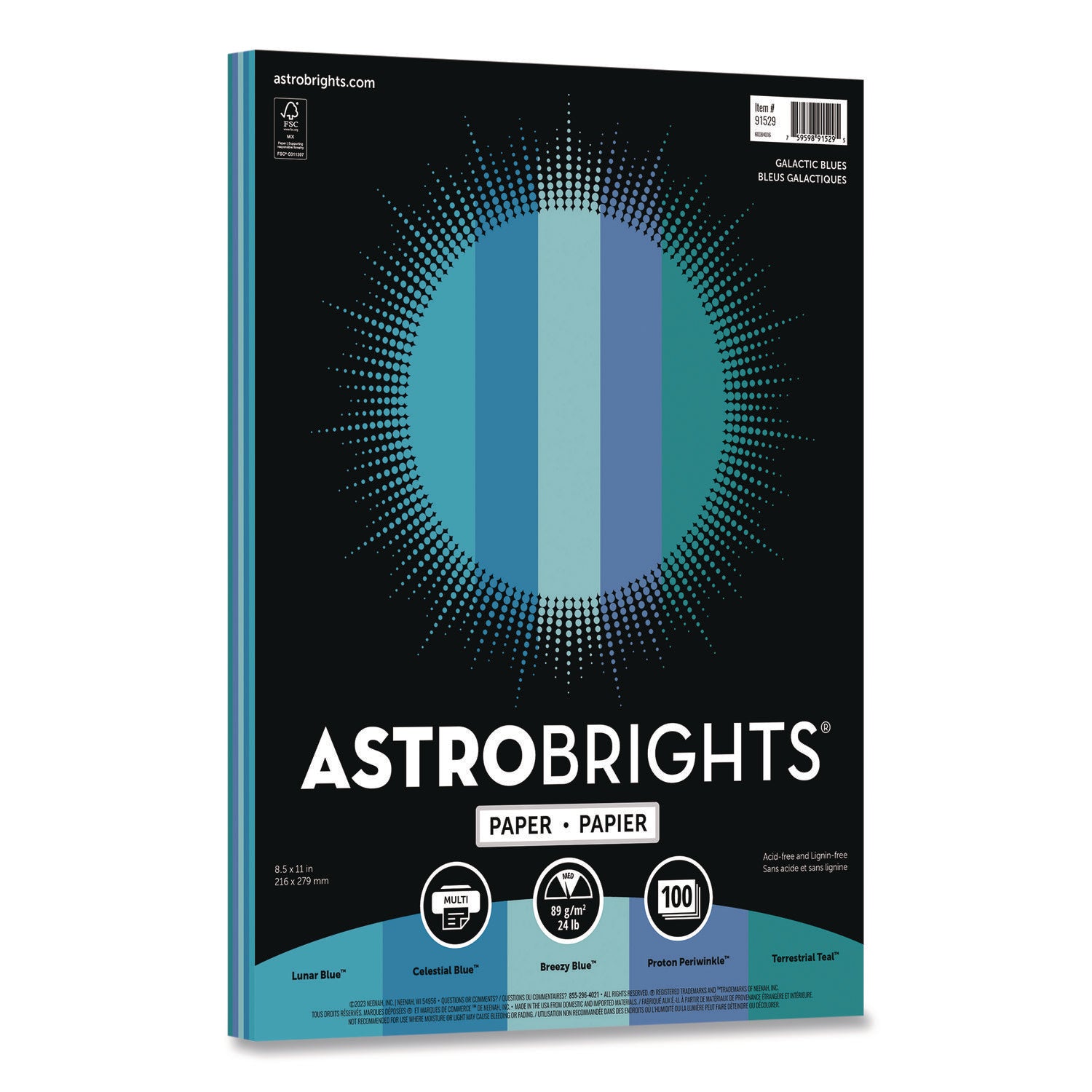 Color Paper - "Galactic Blues" Assortment, 24 lb Bond Weight, 8.5 x 11, Assorted Blue Colors, 100/Pack