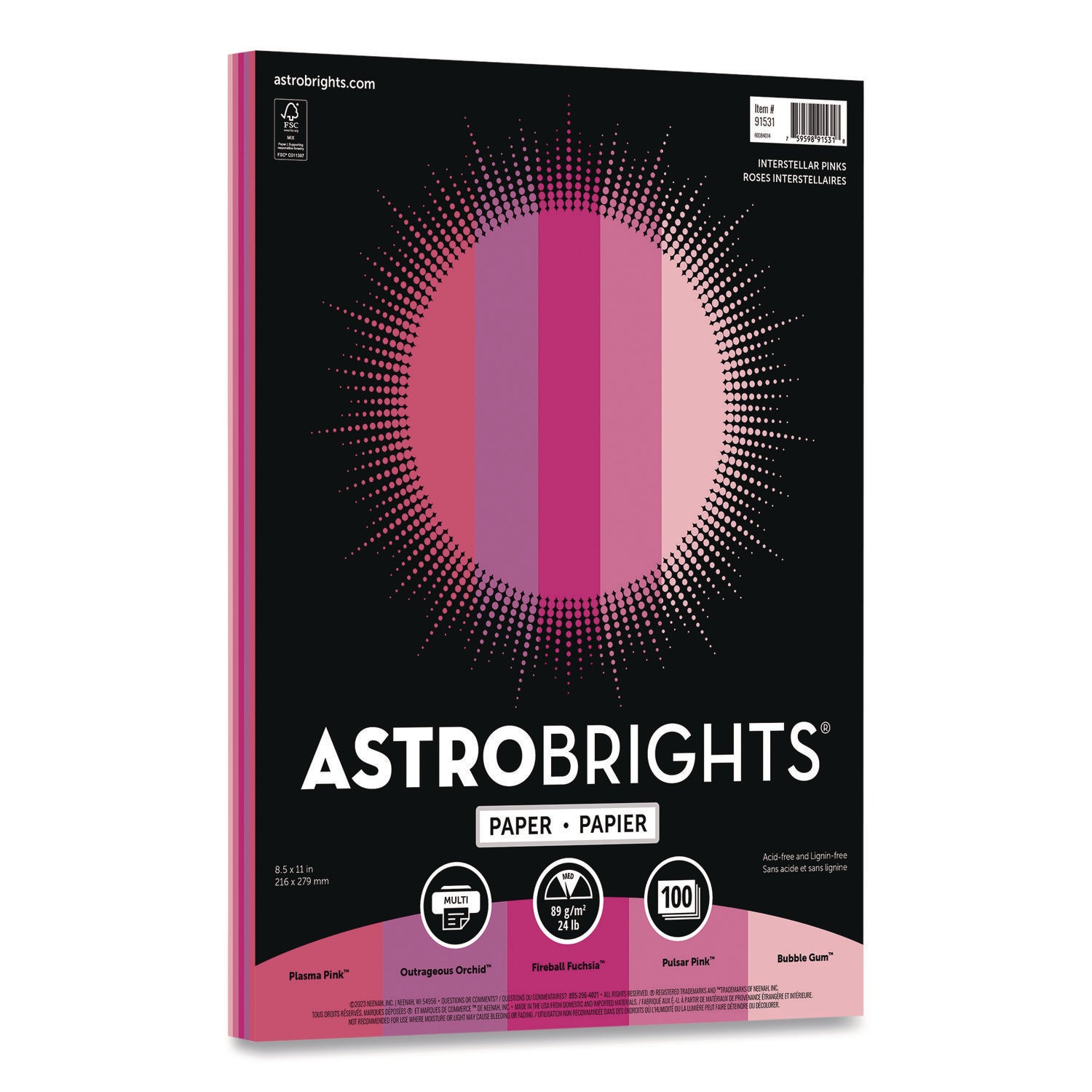 Color Paper - "Interstellar Pinks" Assortment, 24 lb Bond Weight, 8.5 x 11, Assorted Pink Colors, 100/Pack