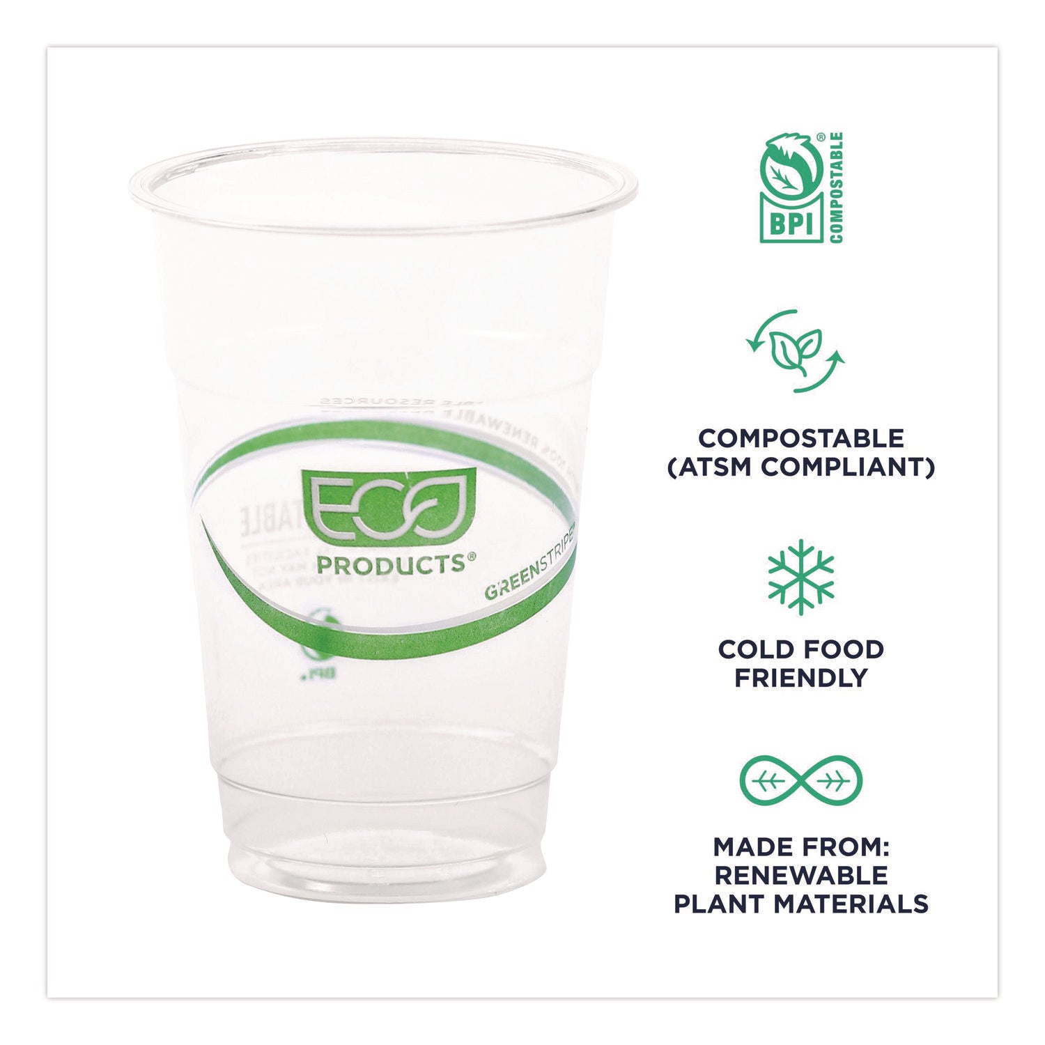 GreenStripe PLA Cold Cups, 10 oz, Plastic, Clear, 1,000/Carton