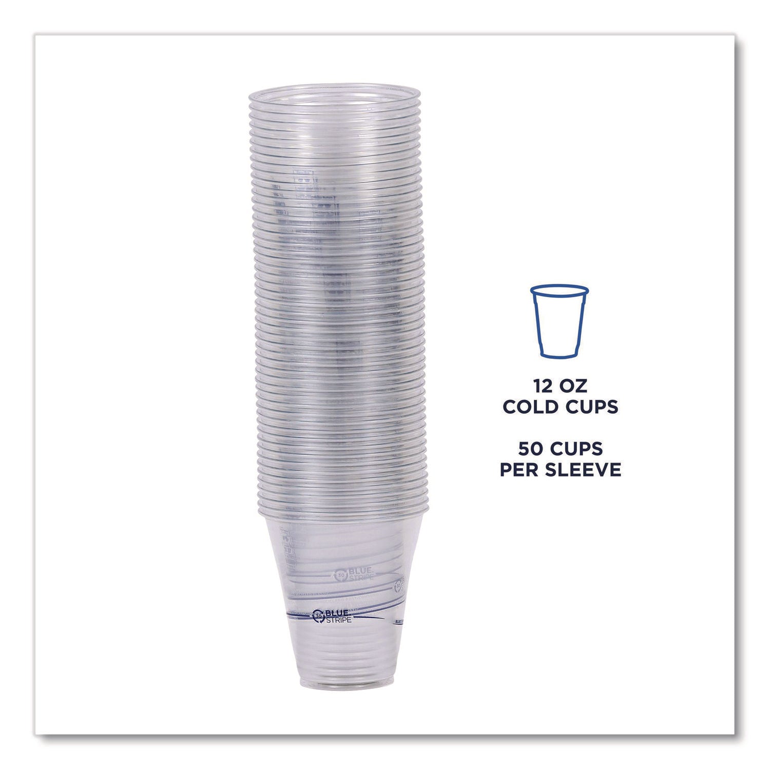 BlueStripe 25% Recycled Content Cold Cups, 12 oz, Plastic, Clear/Blue, 50/Pack, 20 Packs/Carton