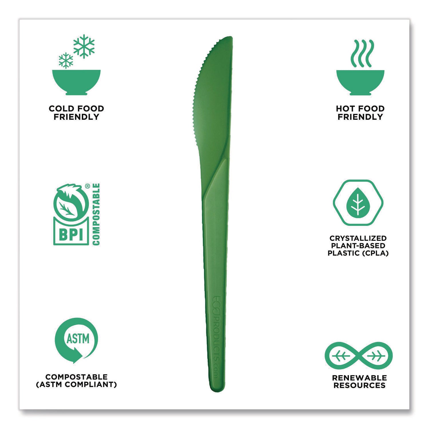 Plantware Compostable Cutlery, Knife, Plastic, Green, 1,000/Carton