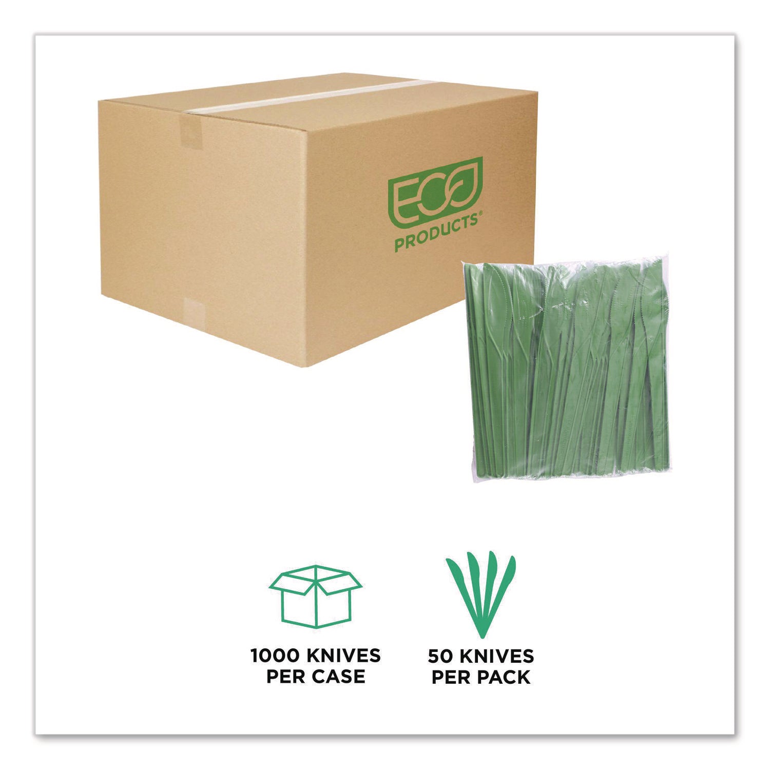 Plantware Compostable Cutlery, Knife, Plastic, Green, 1,000/Carton