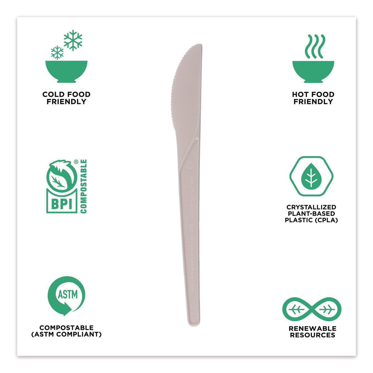 Plantware Compostable Cutlery, Knife, Plastic, White, 1,000/Carton