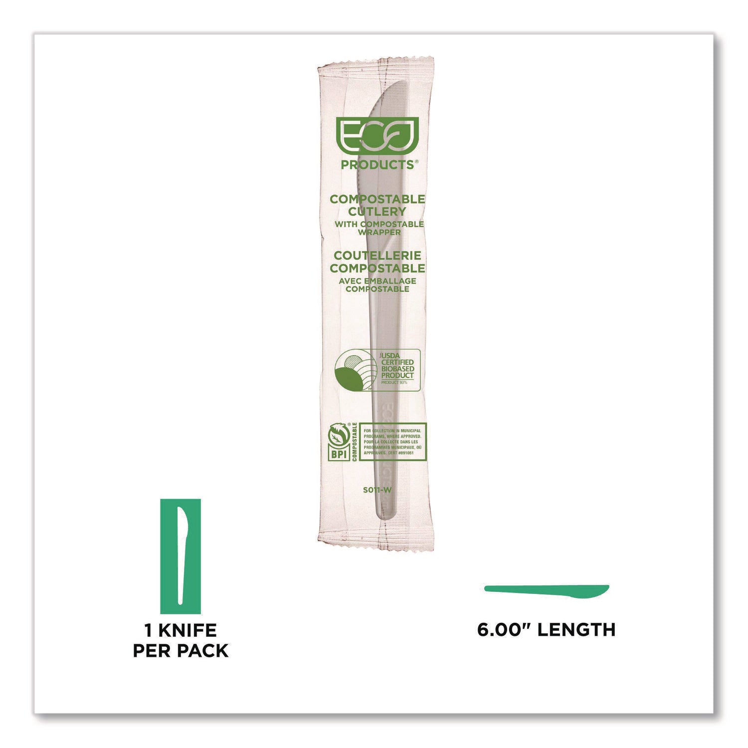 Plantware Compostable Cutlery, Knife, Plastic, White, 1,000/Carton
