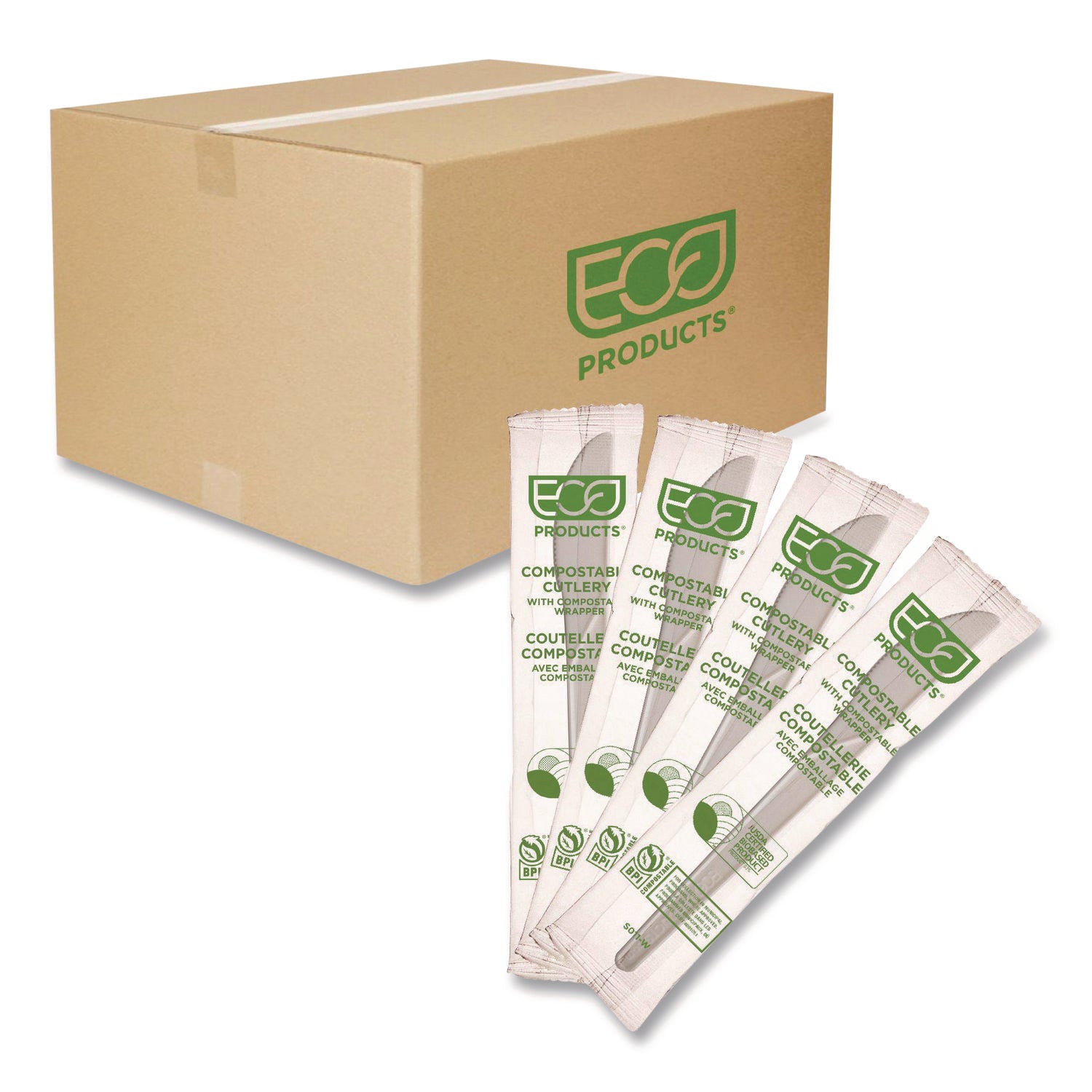 Plantware Compostable Cutlery, Knife, Plastic, White, 1,000/Carton