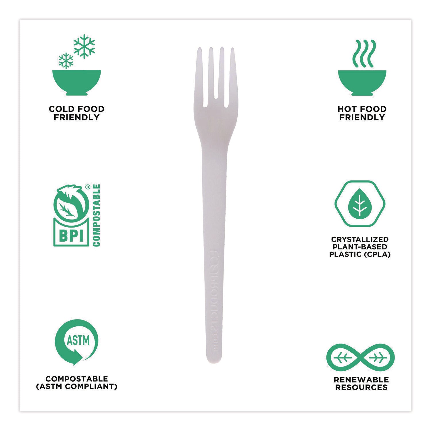 Plantware Compostable Cutlery, Fork, Plastic, White, 1,000/Carton