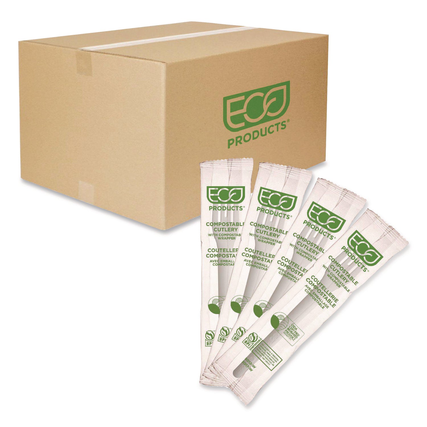 Plantware Compostable Cutlery, Fork, Plastic, White, 1,000/Carton