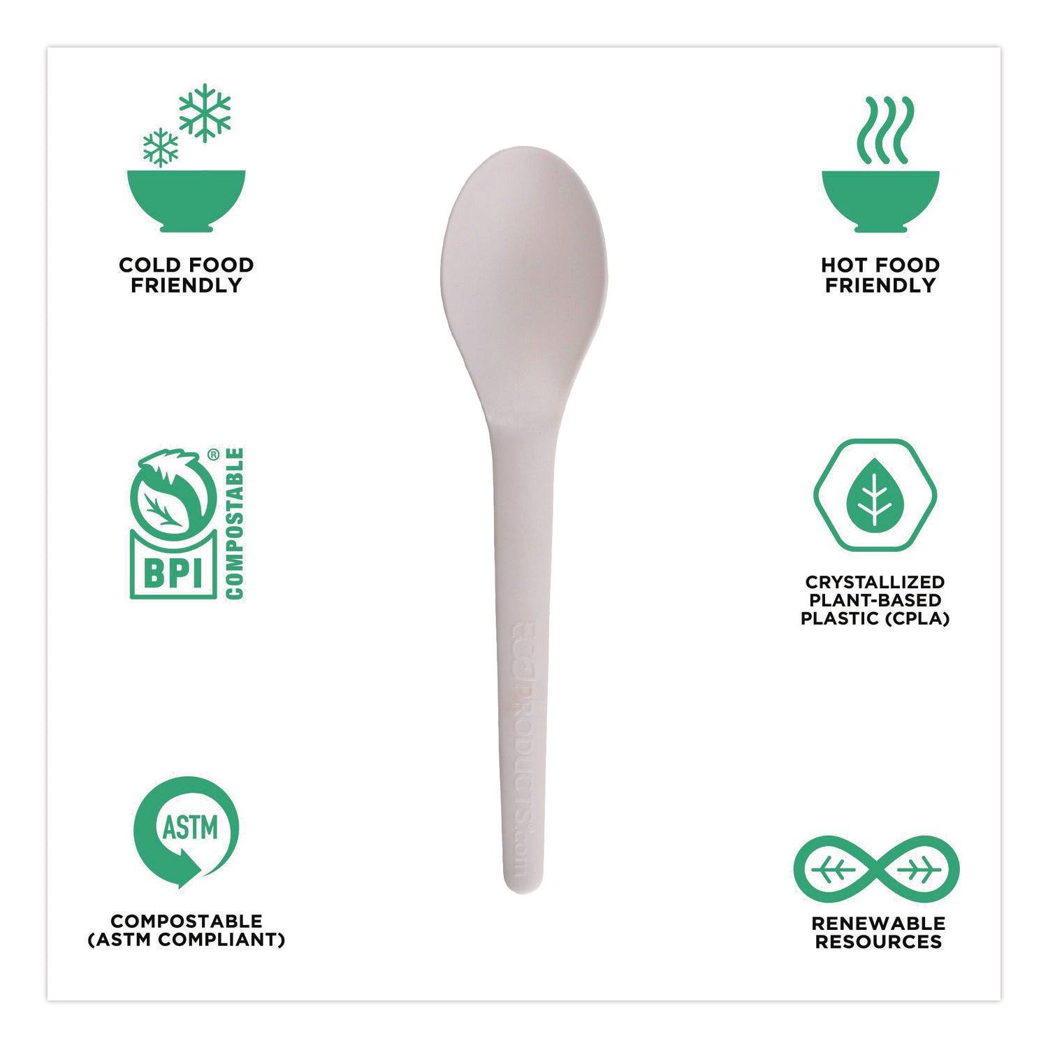 Plantware Compostable Cutlery, Spoon, Plastic, White, 1,000/Carton