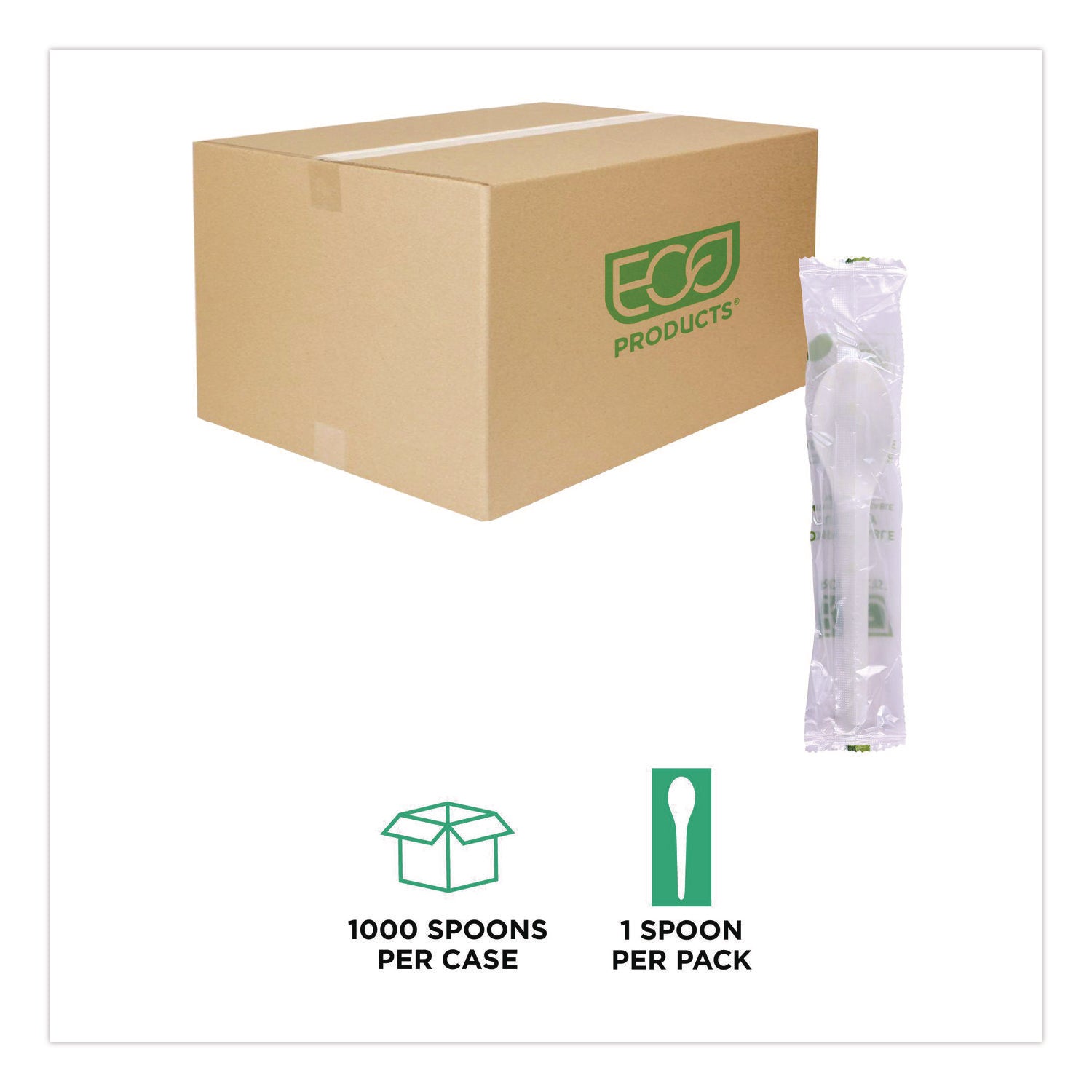 Plantware Compostable Cutlery, Spoon, Plastic, White, 1,000/Carton