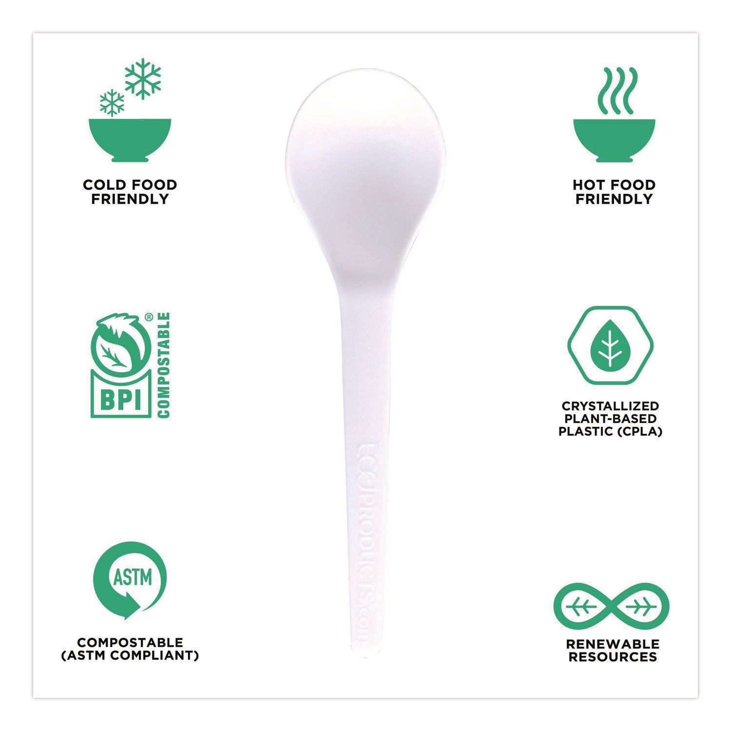 Plantware Compostable Soup Spoon, Heavyweight, Plastic, White, 50/Pack, 20 Packs/Carton