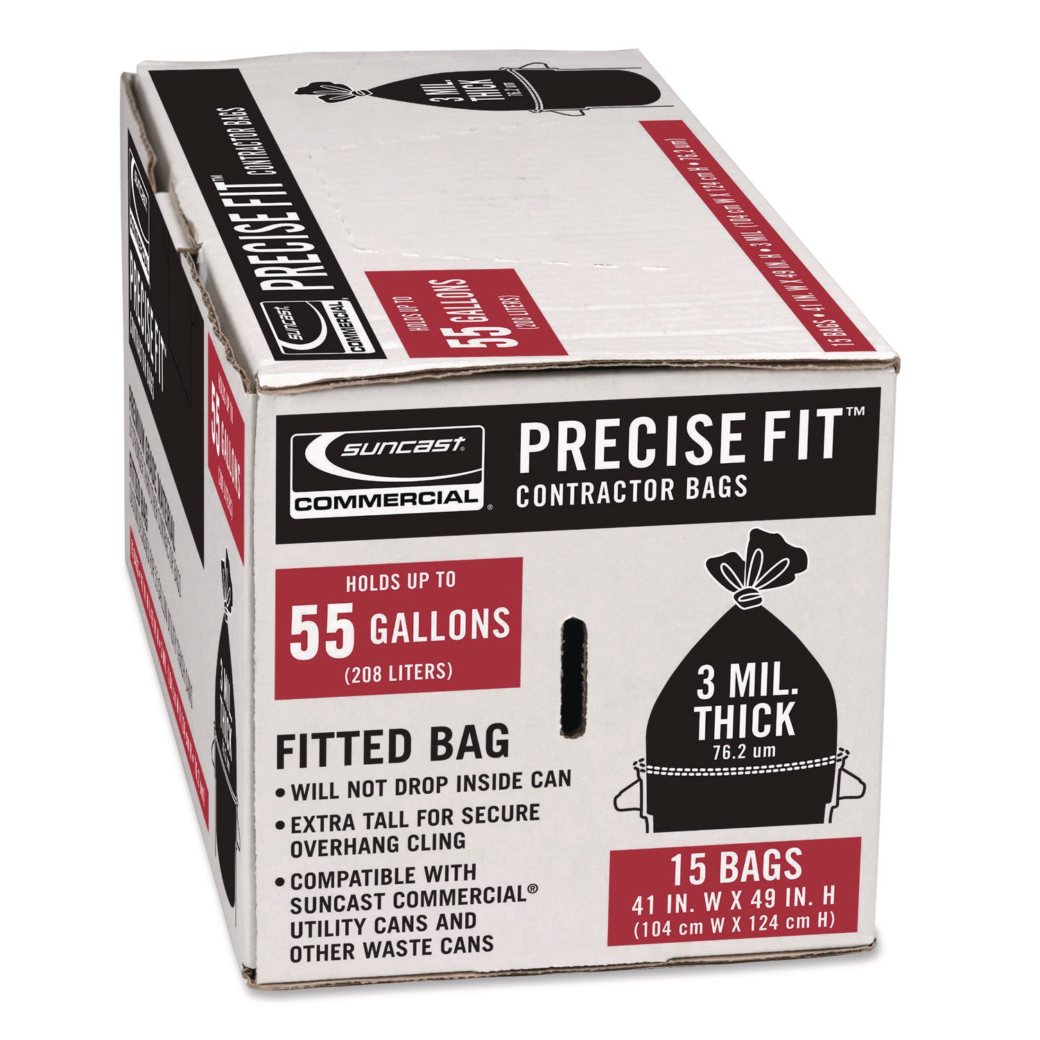 Precise Fit Contractor Bag, Open-Face, 55 gal, 3 mil, 41" x 49", Black, 15/Box