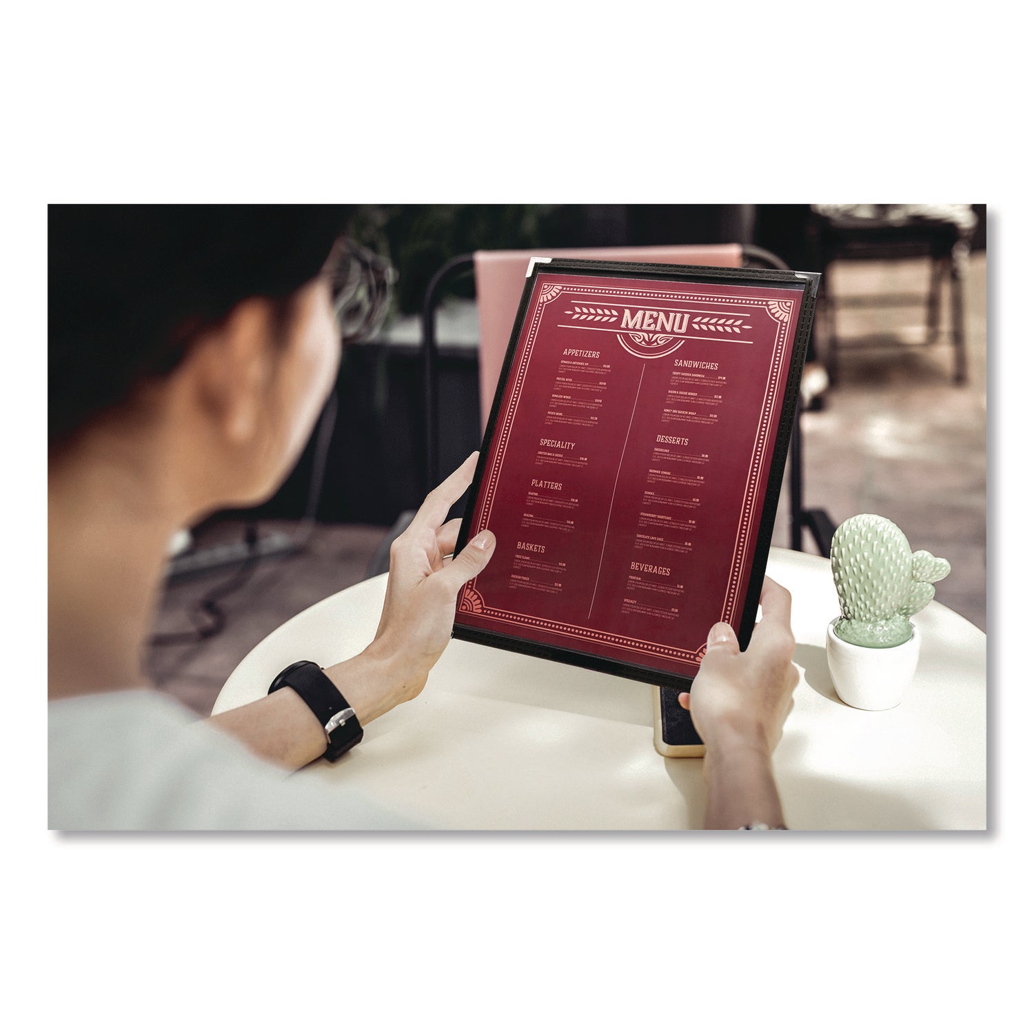 Menu Holder For 8.5 x 11 Menus, Portrait Orientation, 2-View, 9.3 x 12 Holder, Clear/Black/Silver, 10/Pack