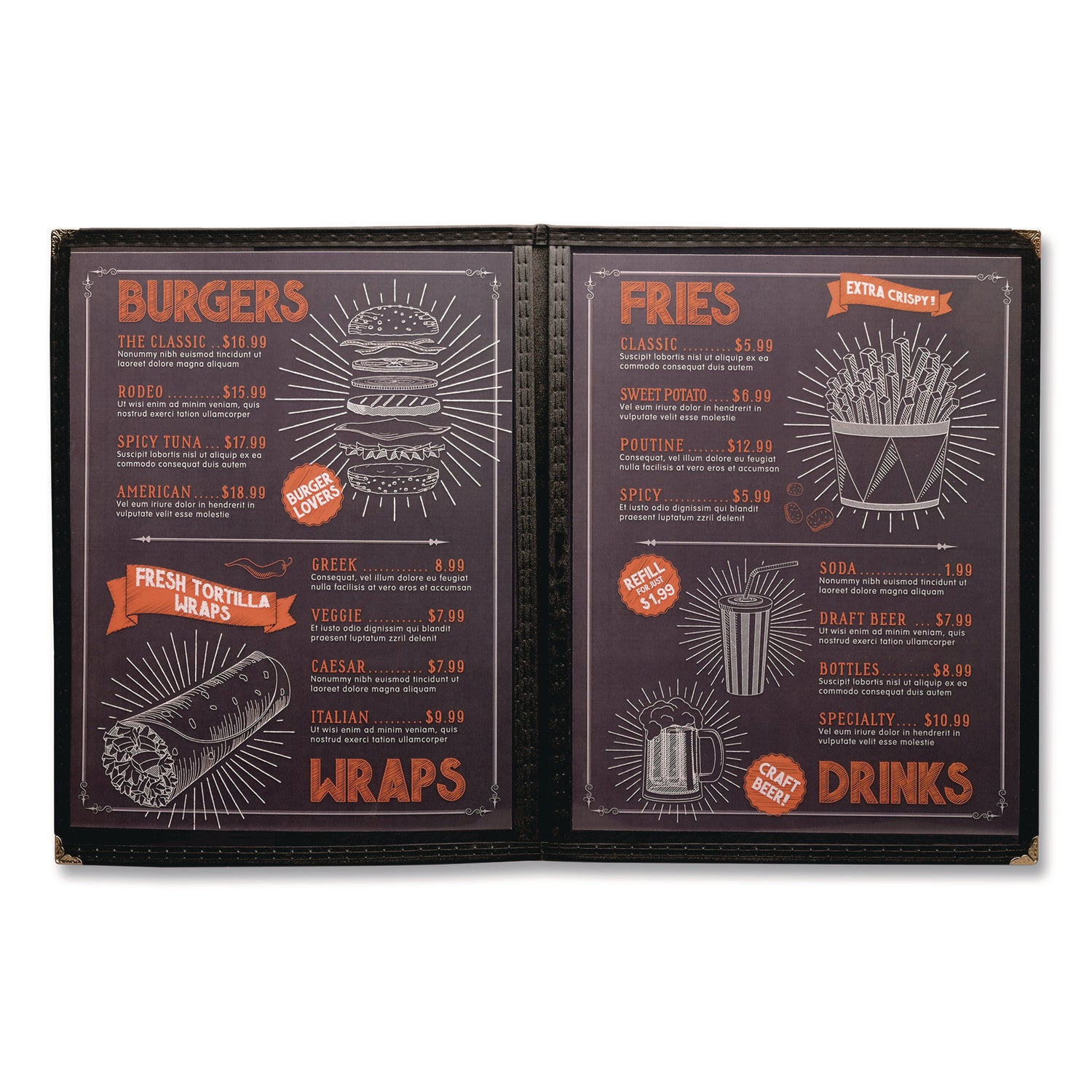 Menu Holder For 8.5 x 11 Menus, Portrait Orientation, 4-View, 9.6 x 12 Holder, Clear/Black/Silver, 10/Pack