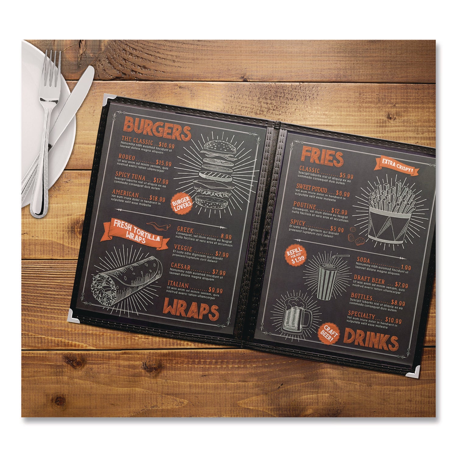 Menu Holder For 8.5 x 11 Menus, Portrait Orientation, 4-View, 9.6 x 12 Holder, Clear/Black/Silver, 10/Pack