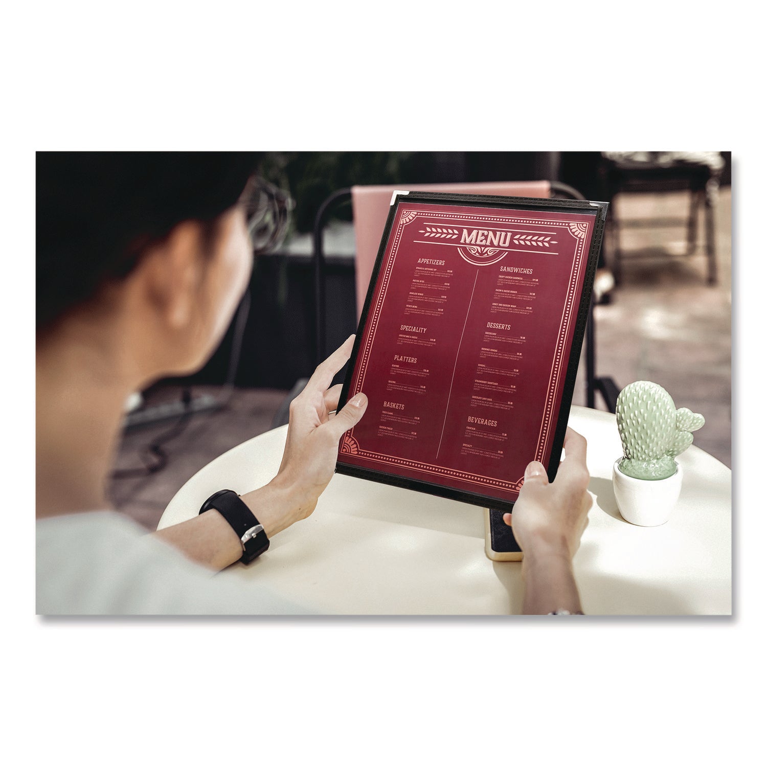 Menu Holder For 8.5 x 11 Menus, Portrait Orientation, 9.3 x 11.9 Holder, Clear/Black/Gold