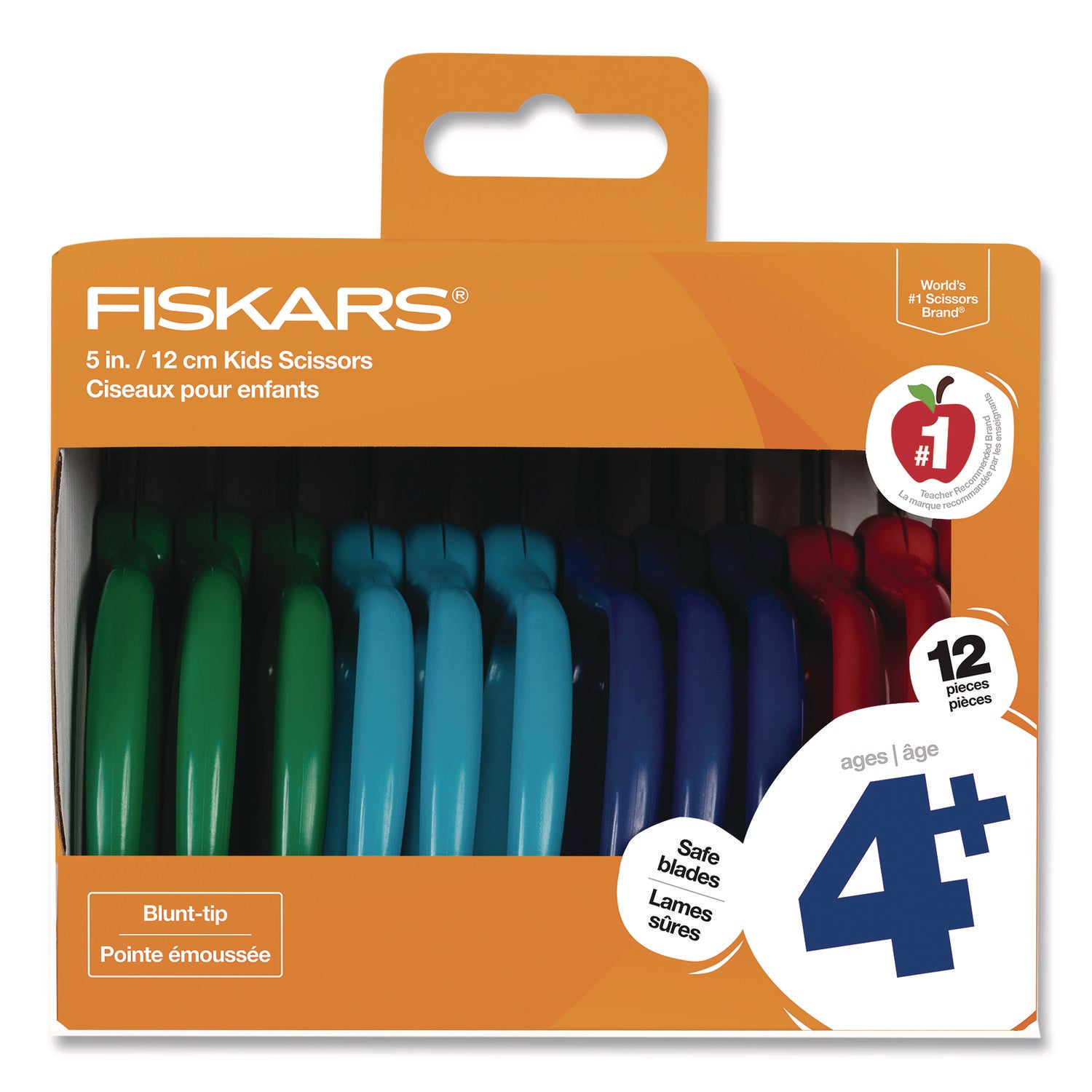 Fiskars 5" Blunt-tip Kids Scissors, Safety Edge Blade, Multicolor (Green, Turquoise, Blue, Red), 12 Pack