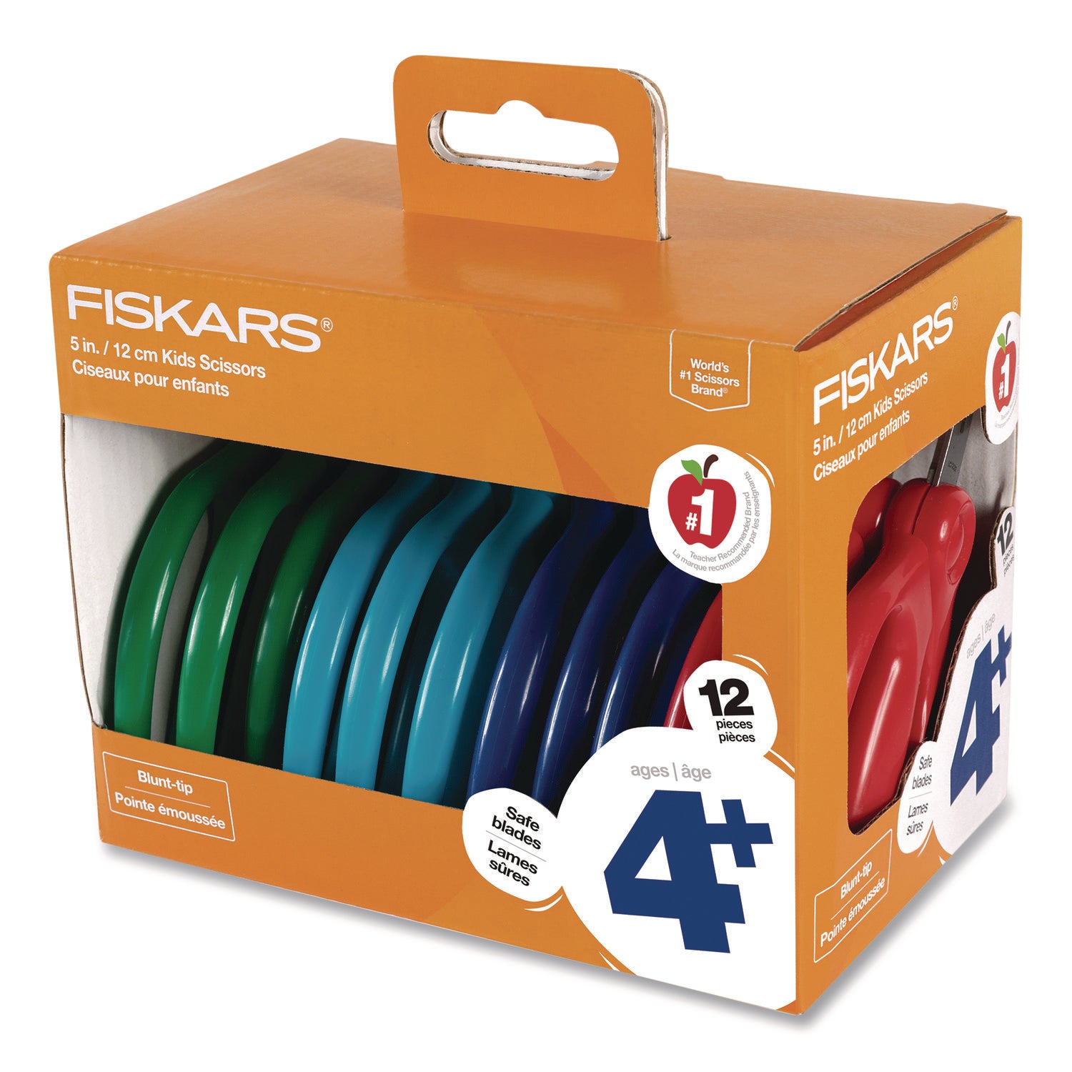 Fiskars 5" Blunt-tip Kids Scissors, Safety Edge Blade, Multicolor (Green, Turquoise, Blue, Red), 12 Pack