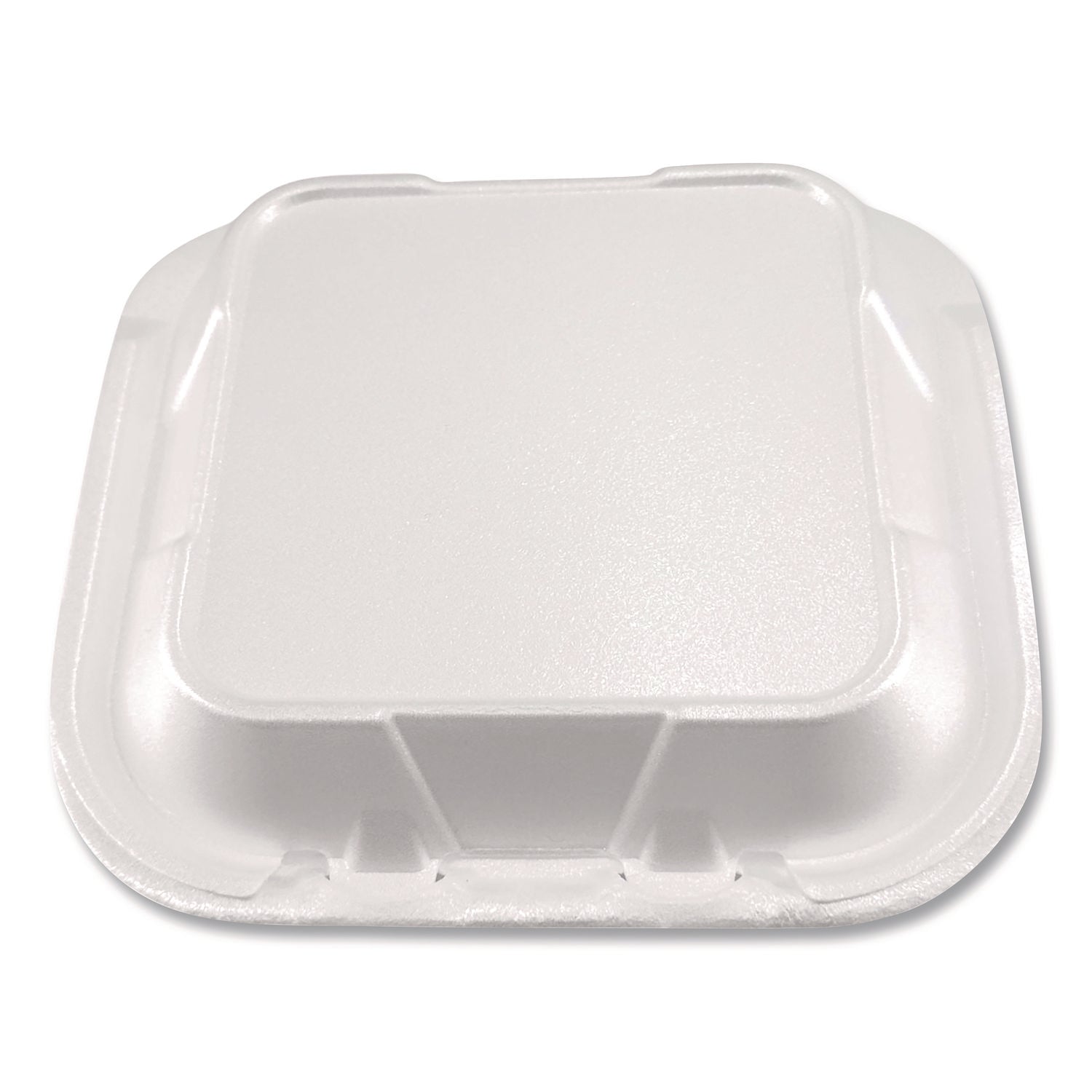Foam Hinged Lid Containers, 3-Compartment, 8.56 x 8 x 2.76, White, Foam, 200/Carton