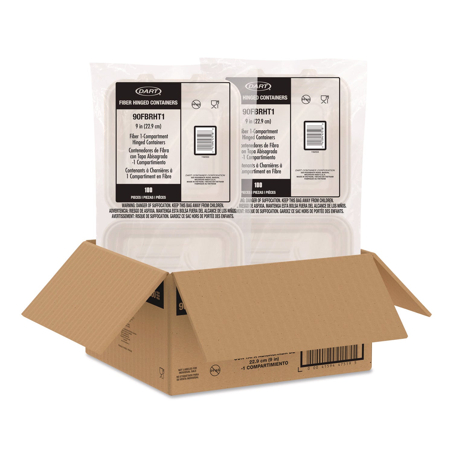 Compostable Molded Fiber Hinged Trays, ProPlanet Seal, 9.14 x 9 x 2.98, Natural, 200/Carton