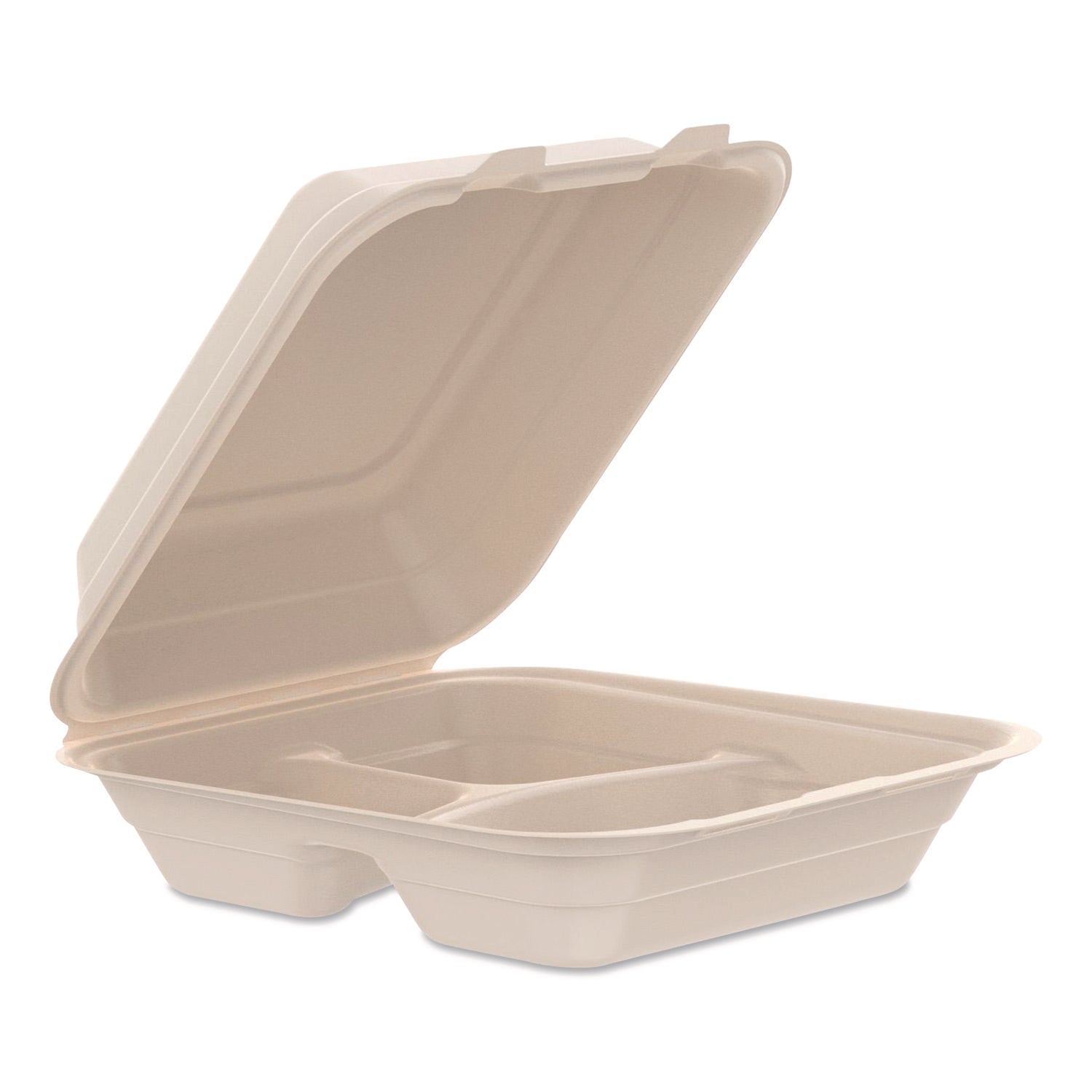 Compostable Molded Fiber Hinged Trays, ProPlanet Seal, 3 Compartments, 8.65 x 7.94 x 2.98, Natural, 200/Carton