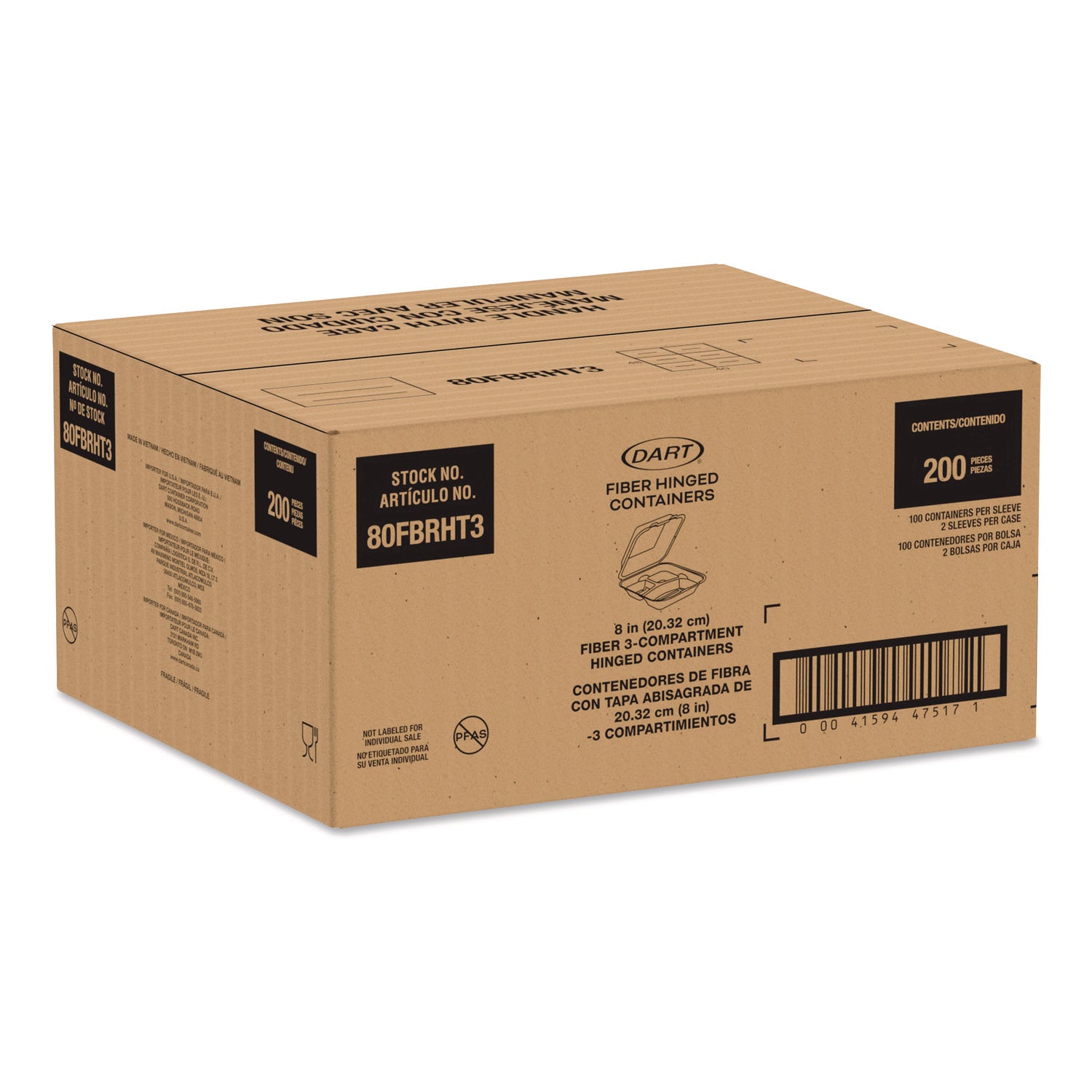 Compostable Molded Fiber Hinged Trays, ProPlanet Seal, 3 Compartments, 8.65 x 7.94 x 2.98, Natural, 200/Carton