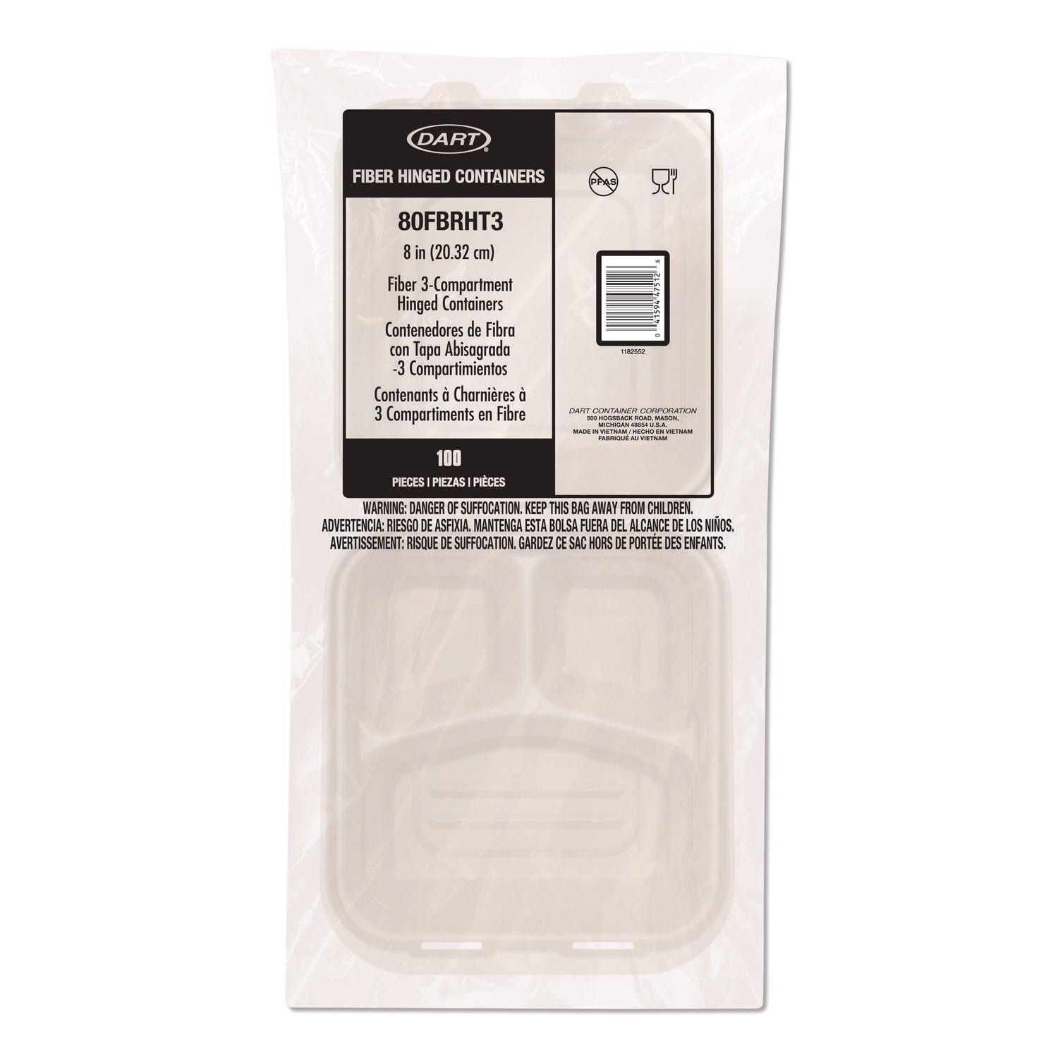 Compostable Molded Fiber Hinged Trays, ProPlanet Seal, 3 Compartments, 8.65 x 7.94 x 2.98, Natural, 200/Carton