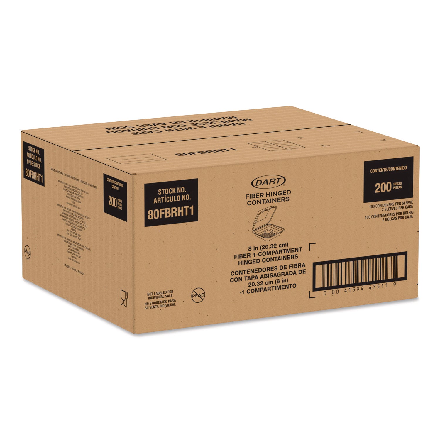 Compostable Molded Fiber Hinged Trays, ProPlanet Seal, 8.65 x 7.94 x 2.98, Natural, 200/Carton