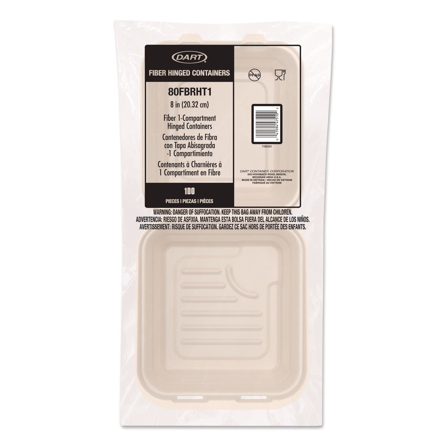 Compostable Molded Fiber Hinged Trays, ProPlanet Seal, 8.65 x 7.94 x 2.98, Natural, 200/Carton
