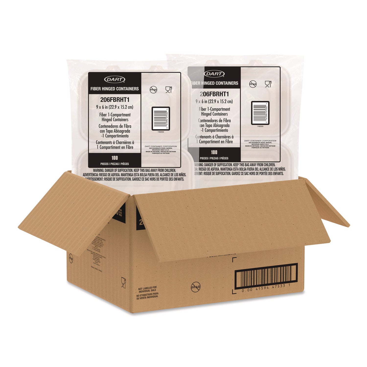 Compostable Molded Fiber Hinged Trays, ProPlanet Seal, 6.41 x 9.22 x 3, Natural, 200/Carton