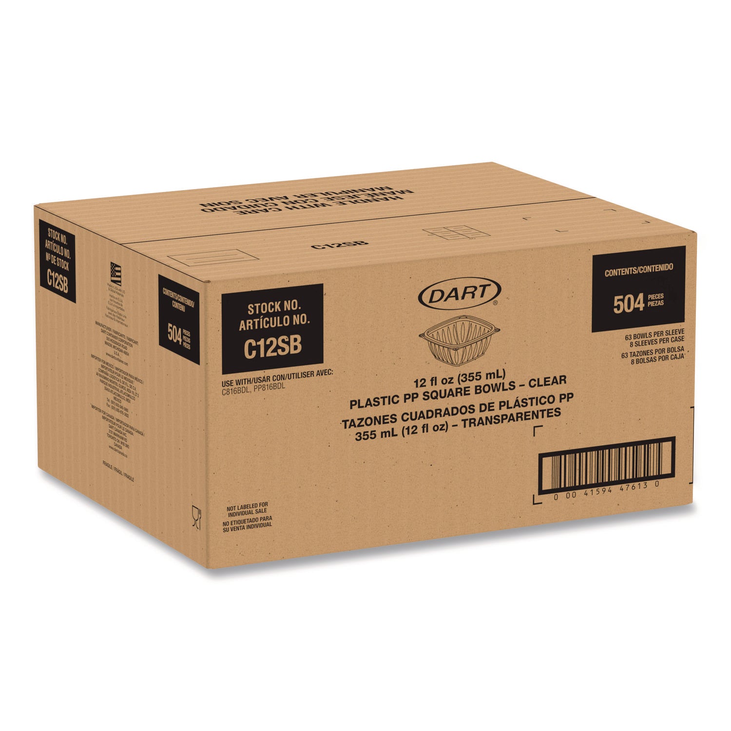 Square Plastic Bowls, 12 oz, 8.5 x 8.5 x 2.64, Clear, Plastic, 63 Bowls/Sleeve, 8 Sleeves/Carton