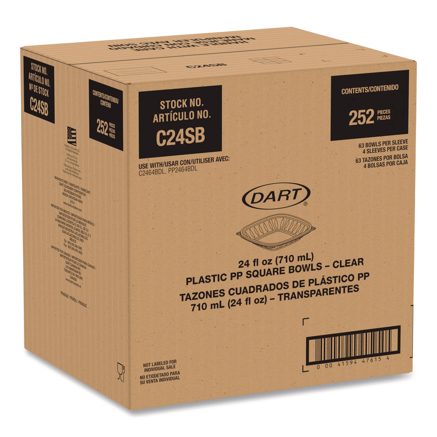 Square Plastic Bowls, 24 oz, 5 x 5 x 1.99, Clear, Plastic, 63 Bowls/Sleeve, 4 Sleeves/Carton
