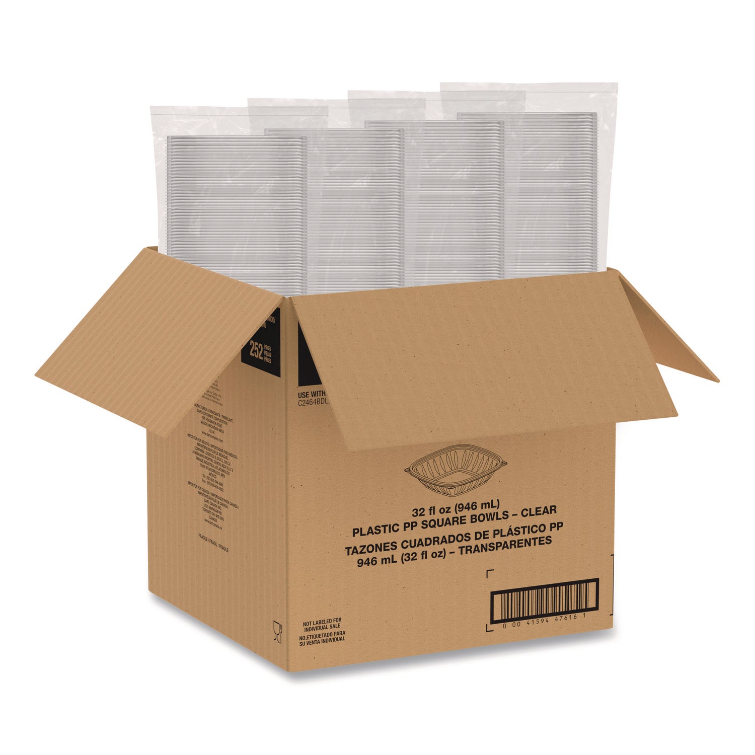 Square Plastic Bowls, 32 oz, 5 x 5 x 1.49, Clear, Plastic, 63 Bowls/Sleeve, 4 Sleeves/Carton