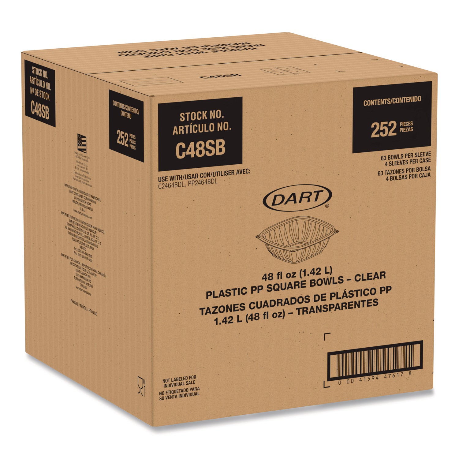 Square Plastic Bowls, 48 oz, 5 x 5 x 2.55, Clear, Plastic, 63 Bowls/Sleeve, 4 Sleeves/Carton