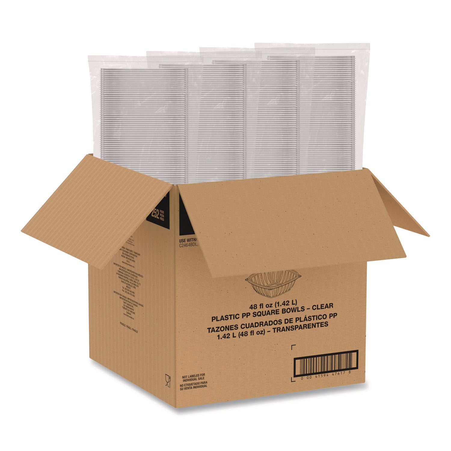 Square Plastic Bowls, 48 oz, 5 x 5 x 2.55, Clear, Plastic, 63 Bowls/Sleeve, 4 Sleeves/Carton