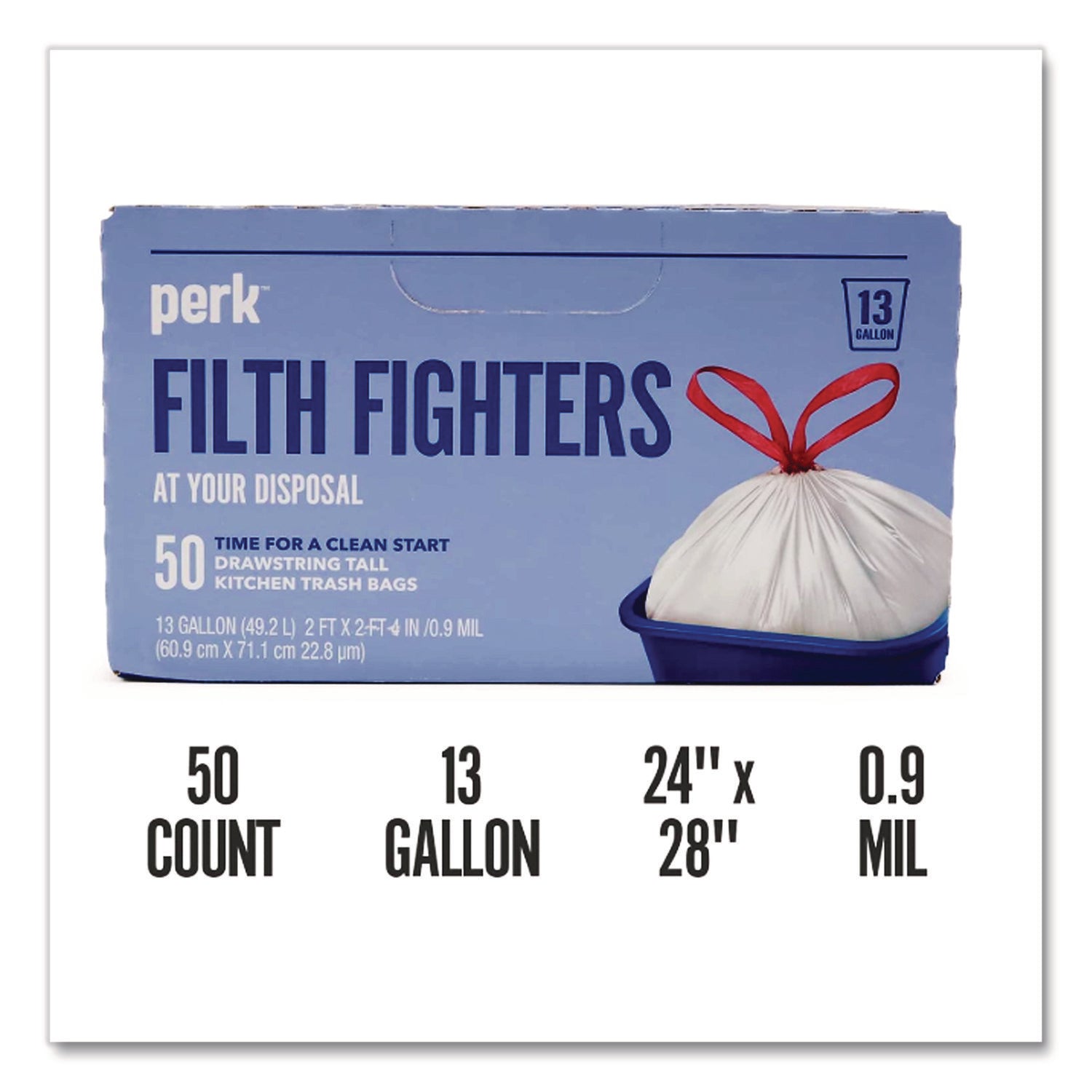 Drawstring Tall Kitchen Trash Bags, 13 gal, 28" x 24", White, 50/Box