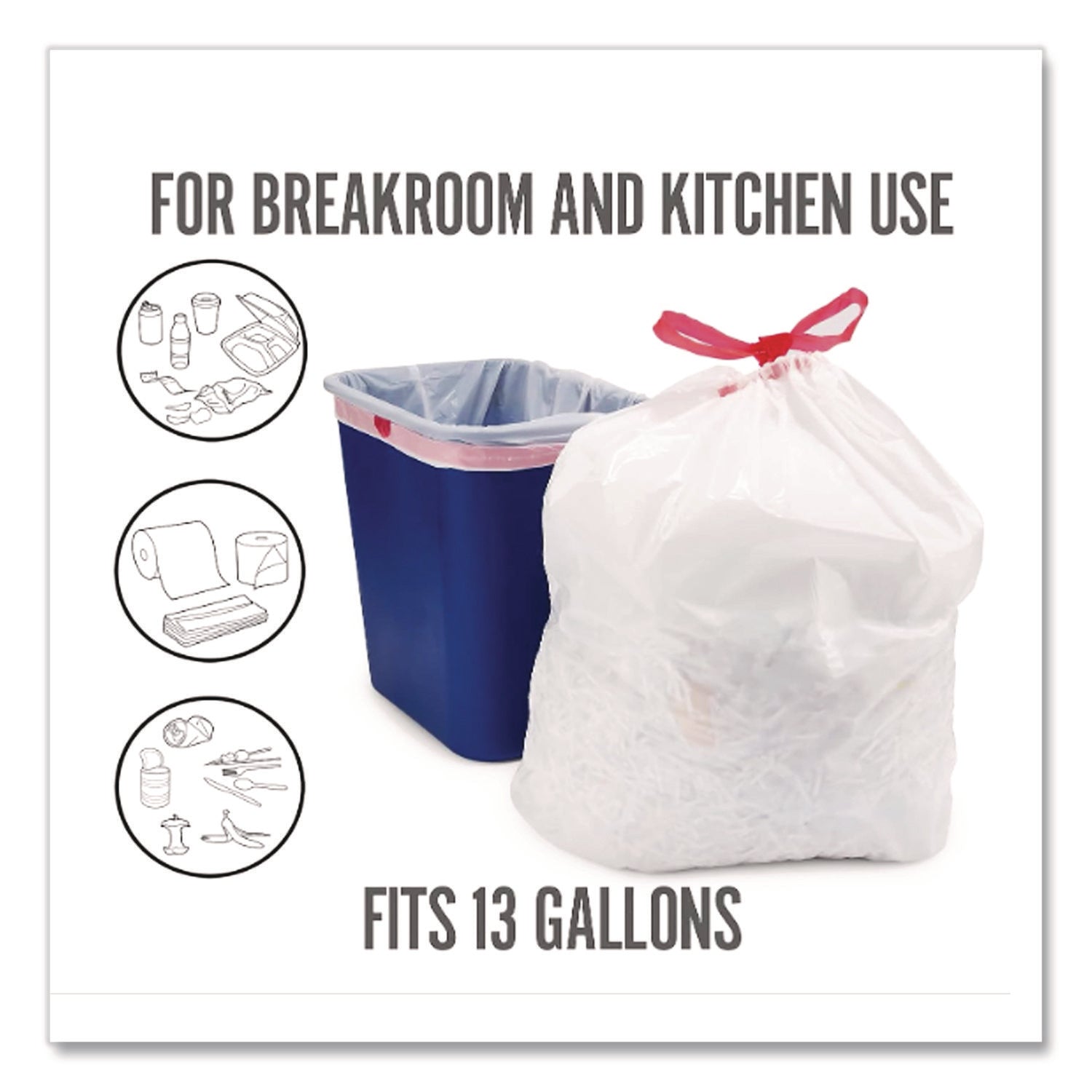 Drawstring Tall Kitchen Trash Bags, 13 gal, 28" x 24", White, 50/Box