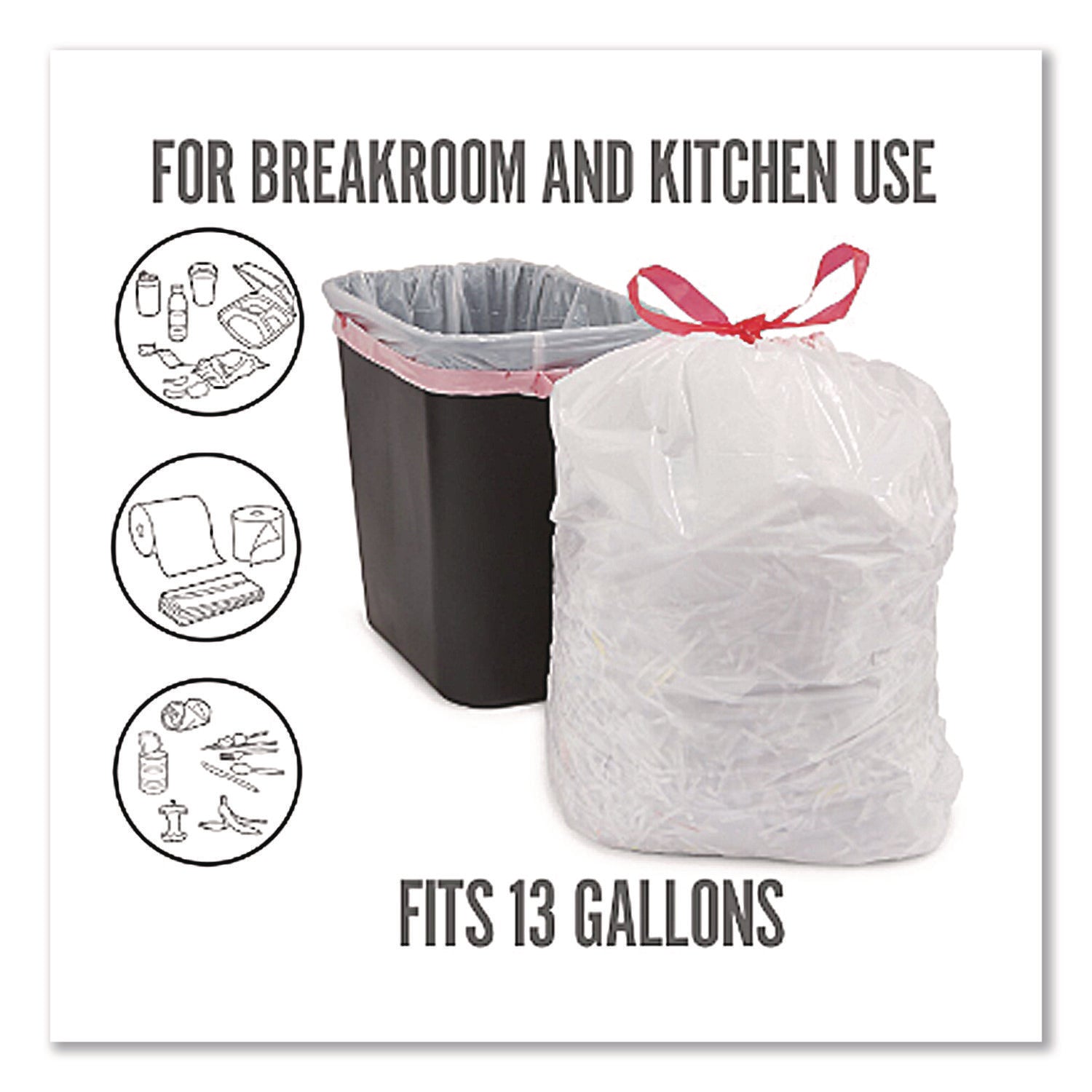 Drawstring Tall Kitchen Trash Bags, 13 gal, 28" x 24", White, 50/Box