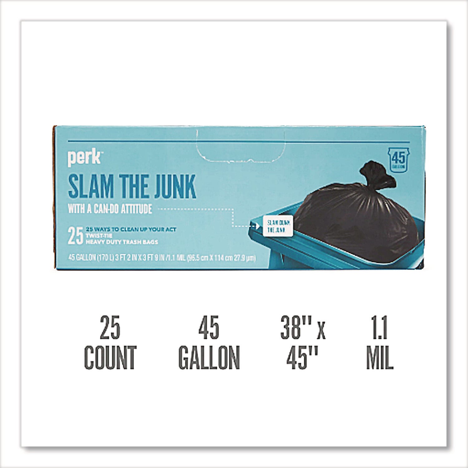 Twist-Tie Heavy-Duty Trash Bags, Open-Face, 45 gal, 1.1 mil, 45" x 38", Black, 25/Box