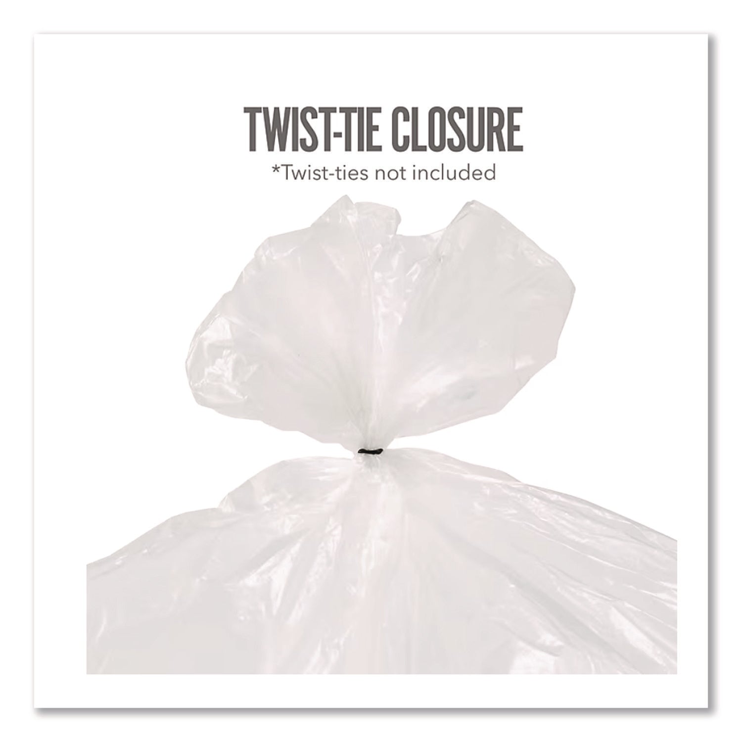 Twist-Tie Light-Duty Can Liners, 10 gal, 0.36 mil, 24" x 24", Clear, Flat Pack, 300/Box