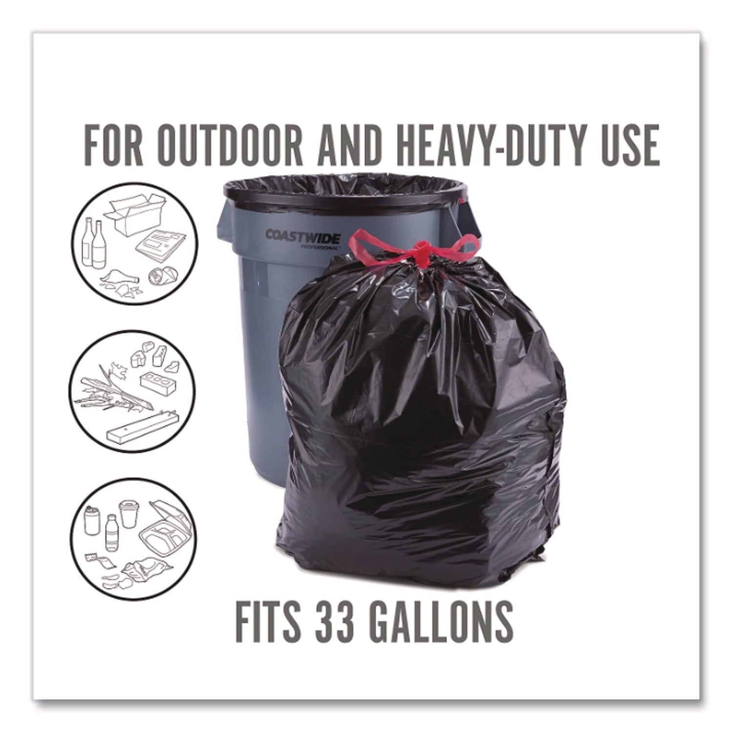 Drawstring Heavy-Duty Trash Bags, 33 Gal, 1.1 Mil, 37" X 33", Black, 30/box